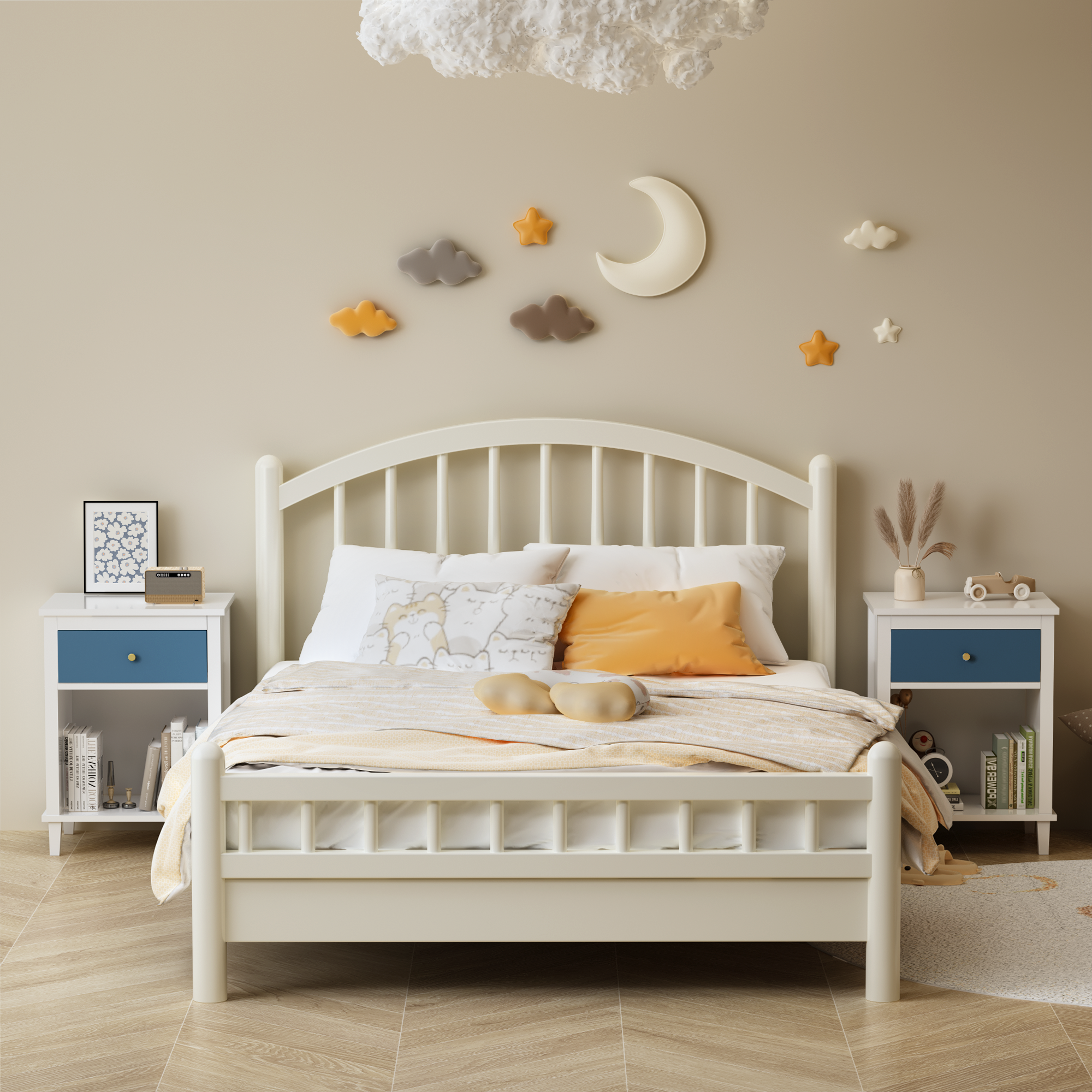 Navy+Golden Handle Wooden Nightstand with One Drawer One Shelf for Kids and Adults, White+Navy Finish, MDF Material, 26.77''H - Grand Goldman Shop