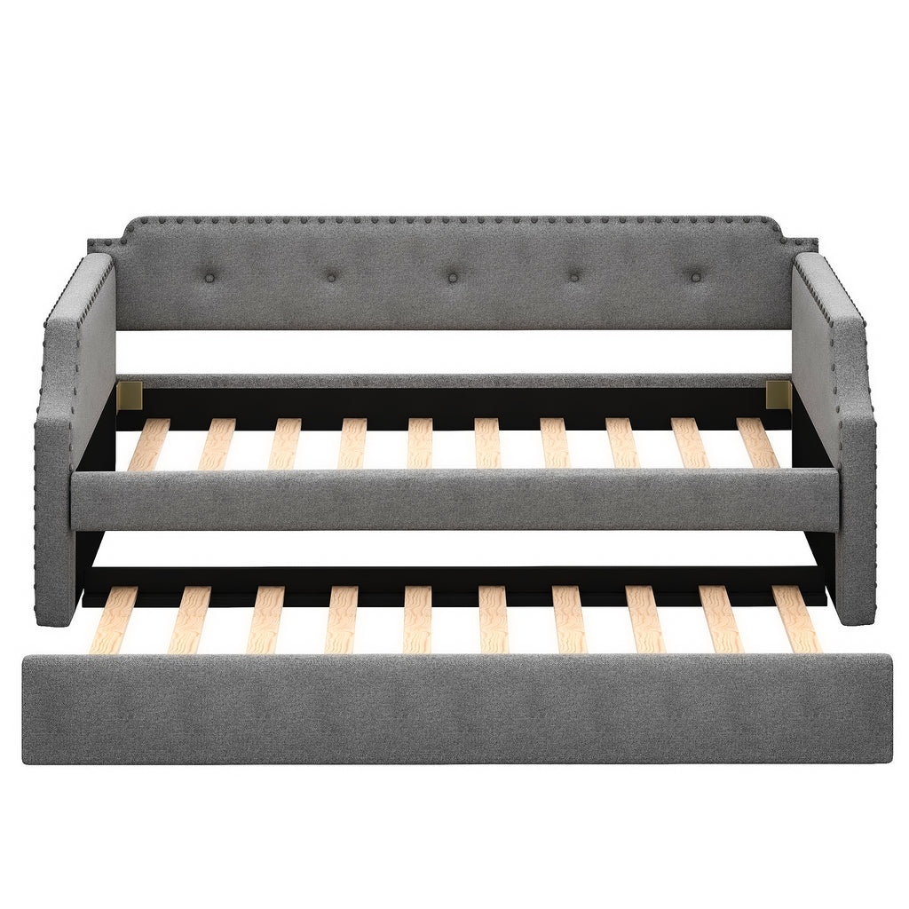 Gray Upholstered Daybed with Trundle, Twin, Wood Slat Support, Linen Fabric Frame Sofa Bed - Grand Goldman Shop