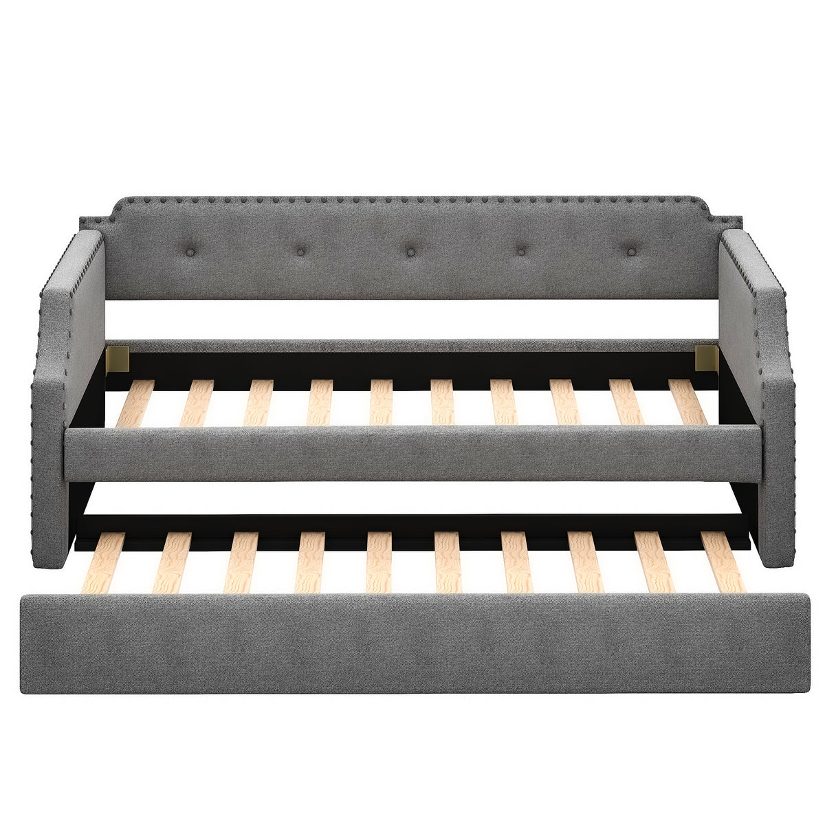 Gray Upholstered Daybed with Trundle, Twin, Wood Slat Support, Linen Fabric Frame Sofa Bed - Grand Goldman Shop