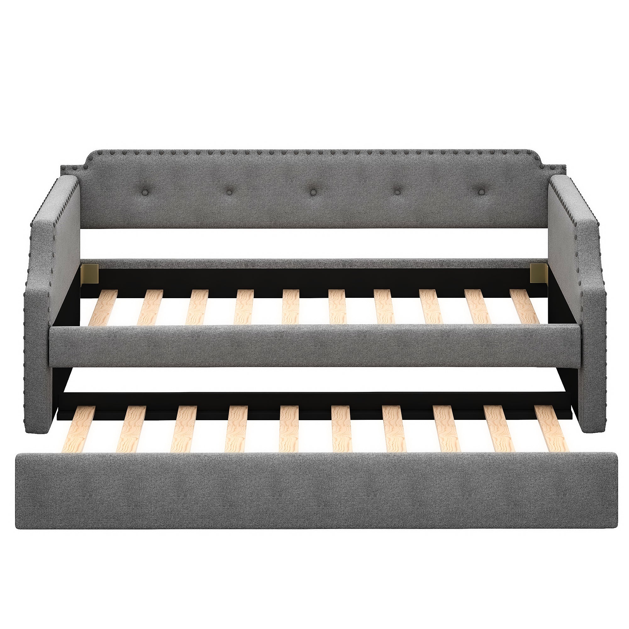 Gray Upholstered Daybed with Trundle, Twin, Wood Slat Support, Linen Fabric Frame Sofa Bed - Grand Goldman Shop