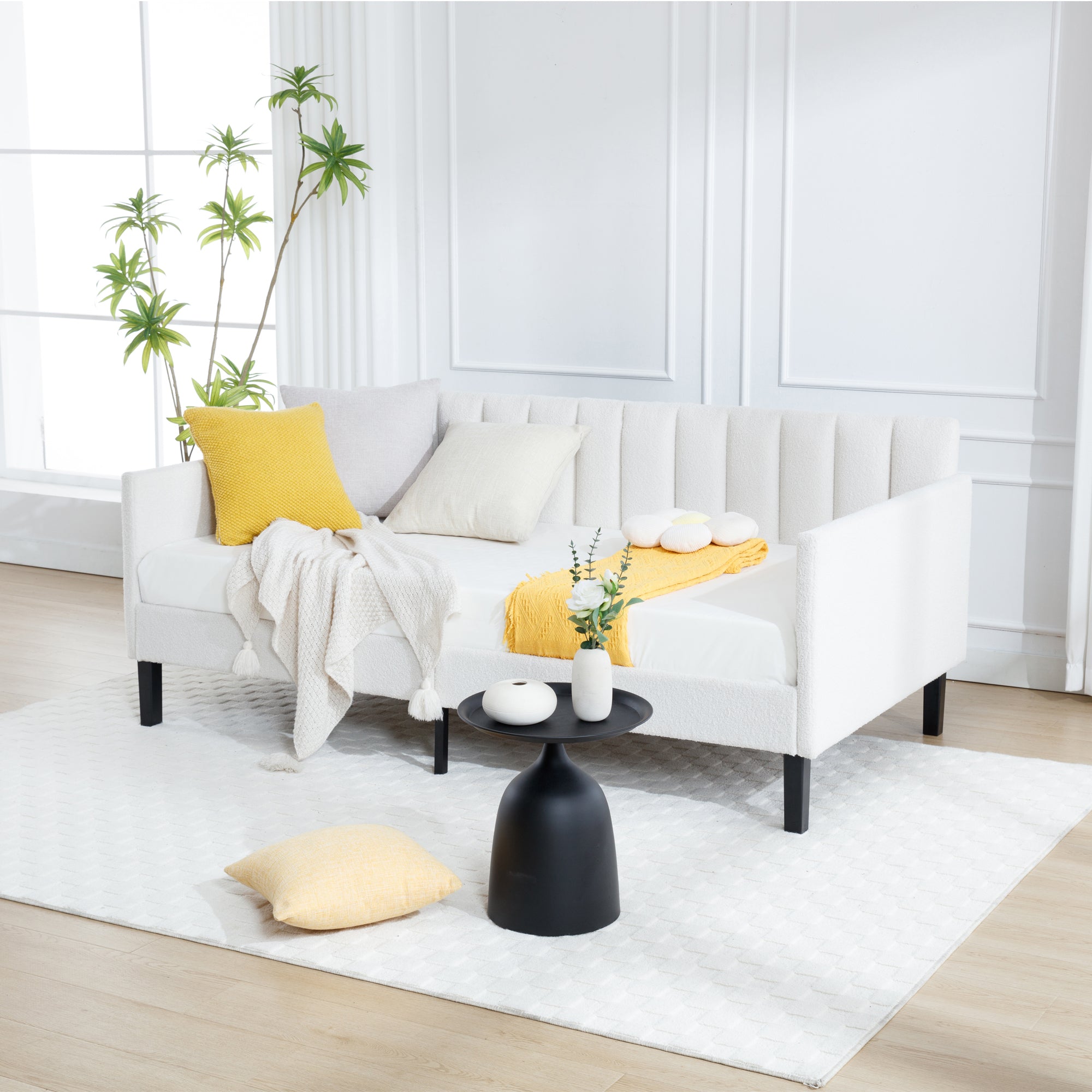 Elena Twin Size Ivory Boucle Upholstered Daybed with Ribbed Tufted Backrest in Lavish Modern Design - Grand Goldman Shop
