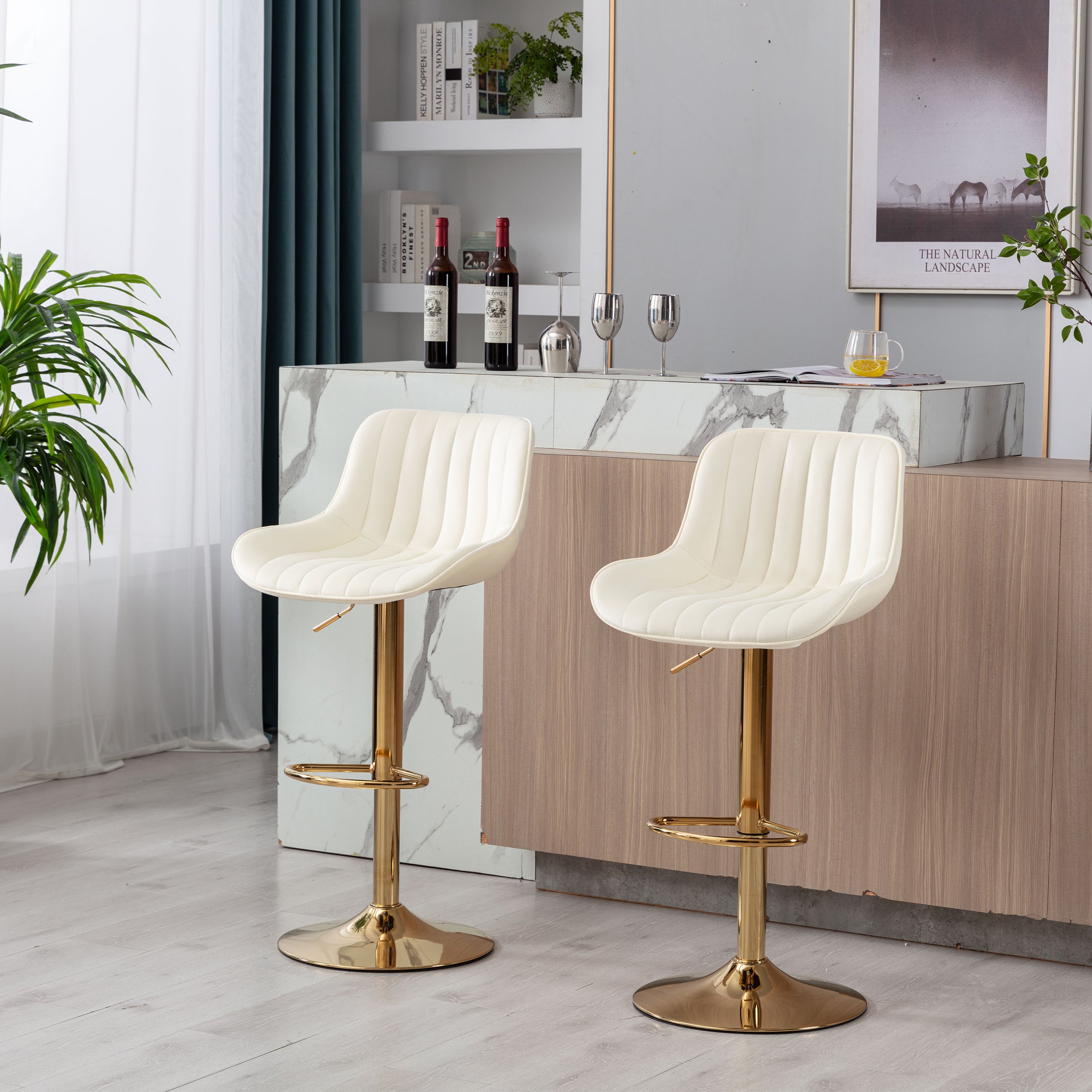 Chrome Footrest and Base Swivel Height Adjustable Mechanical Lifting Velvet + Golden Leg Simple Bar Stool,Set of 2,Ivory - Grand Goldman Shop