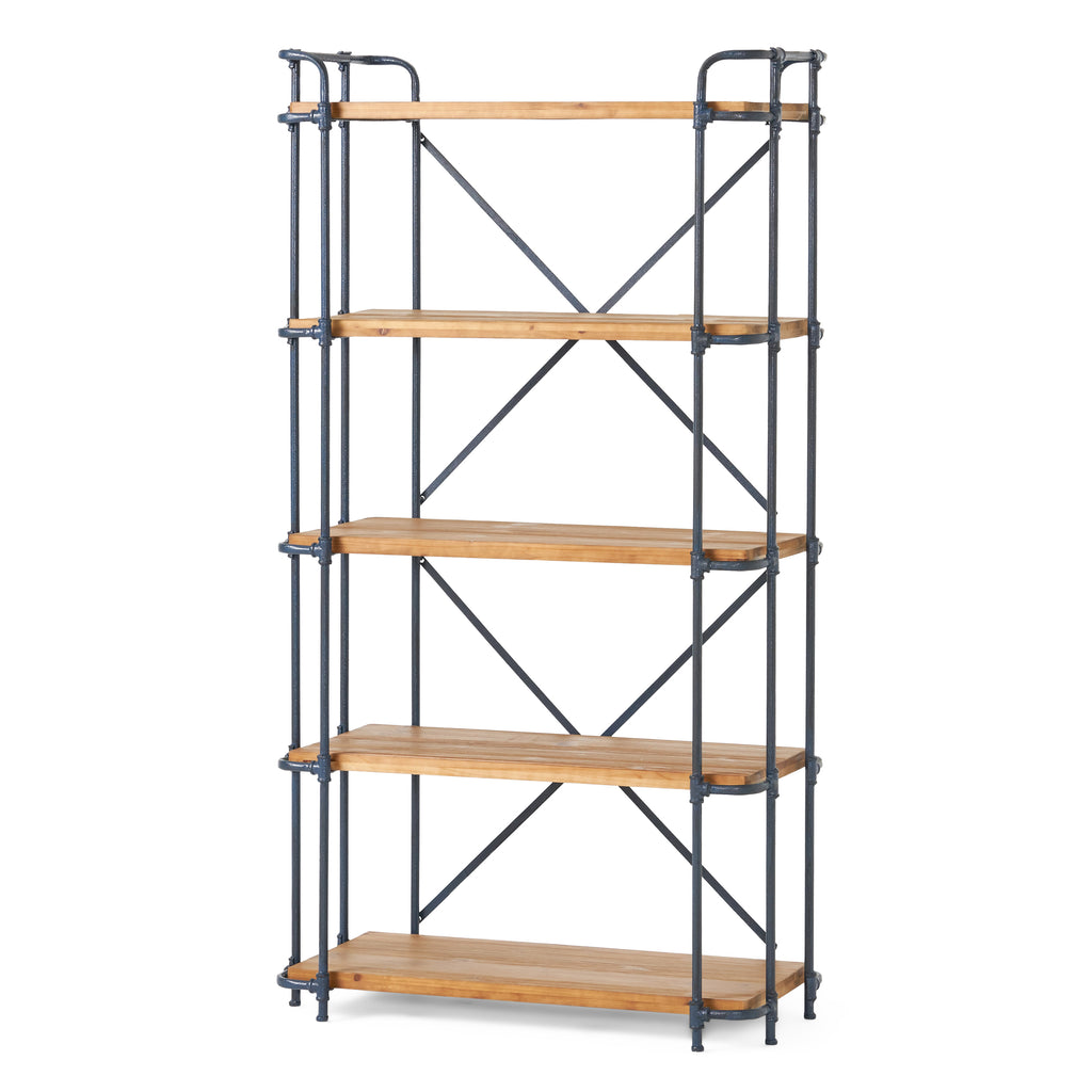 Yorktown Industrial 5-Shelf Bookcase with Metal Pipework and Solid Fir in Natural Finish - Grand Goldman Shop