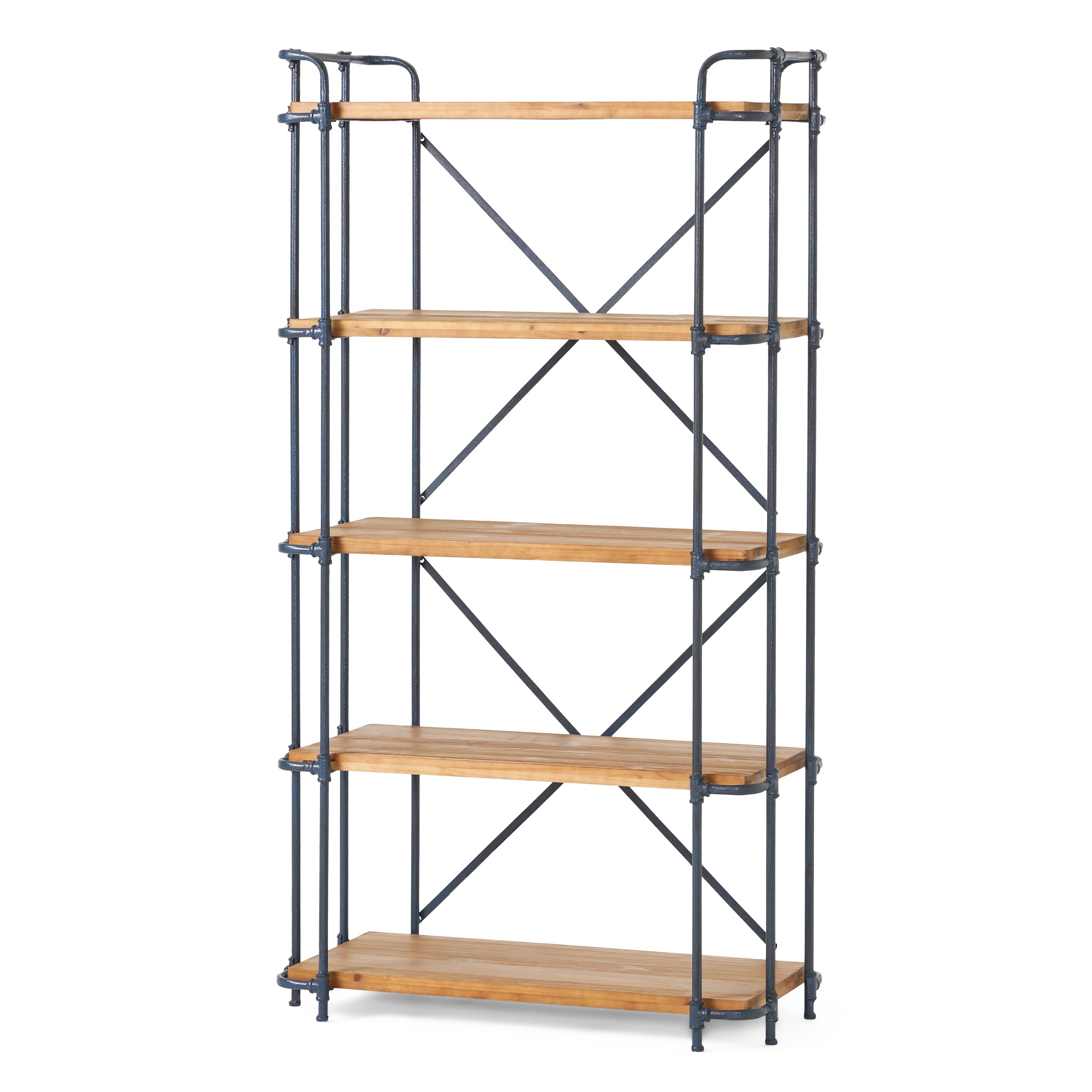 Yorktown Industrial 5-Shelf Bookcase with Metal Pipework and Solid Fir in Natural Finish - Grand Goldman Shop