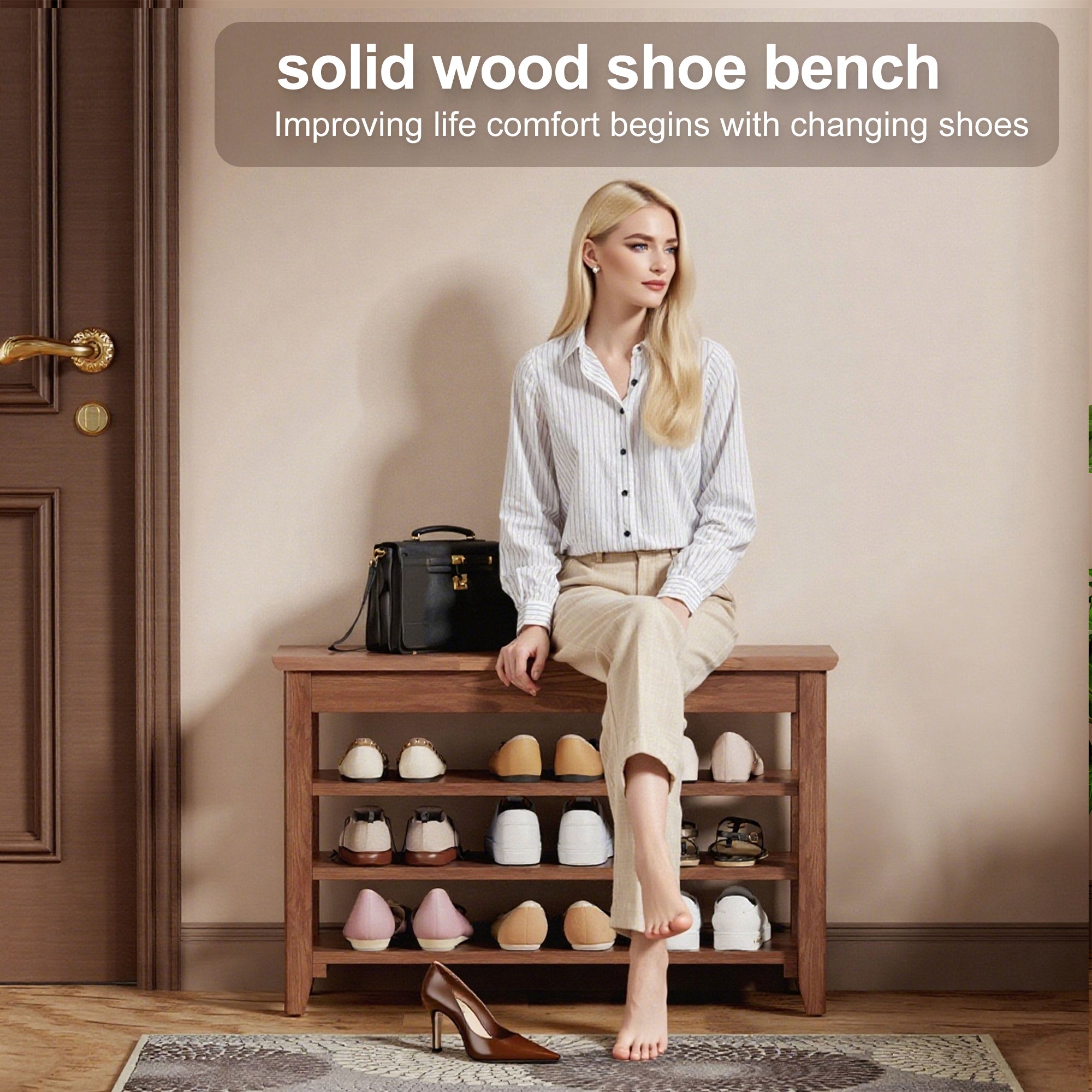 Adjustable shoe-changing bench, storage bench, hidden storage. With a load-bearing capacity of up to 550 pounds, suitable for bedrooms and corridors. 100% solid wood. - Grand Goldman Shop