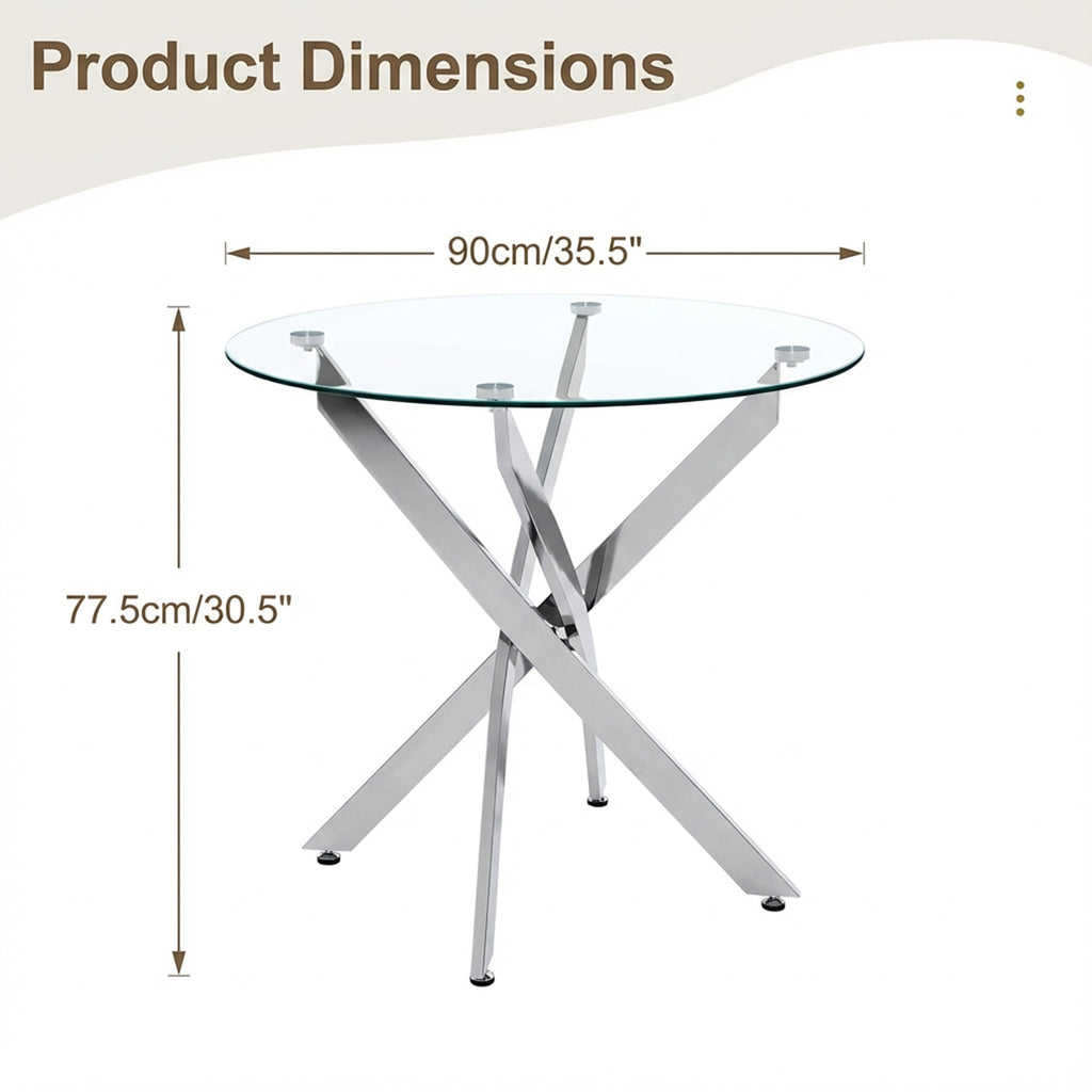 Round Dining Table, 35.5' Glass Dining Table with Silver Legs, Modern Kitchen Table for Home Kitchen, Dining Room - Grand Goldman Shop