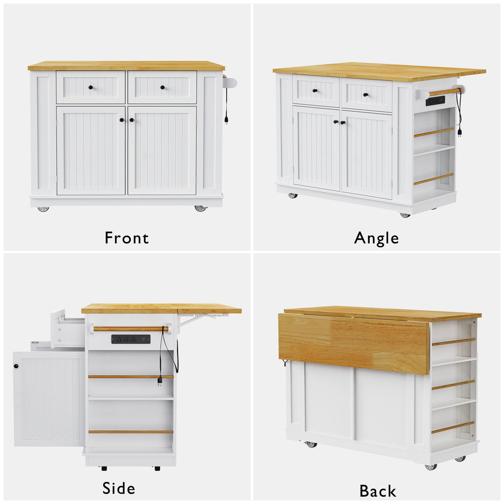 48 inch Kitchen Island with Drop Leaf,Power Outlet,Internal Storage Rack,Rolling Kitchen Storage Cart on 5 Wheels with 5 Open Side Racks for Kitchen,White (Old SKU N707P257057W)(Not Include Stools) - Grand Goldman Shop