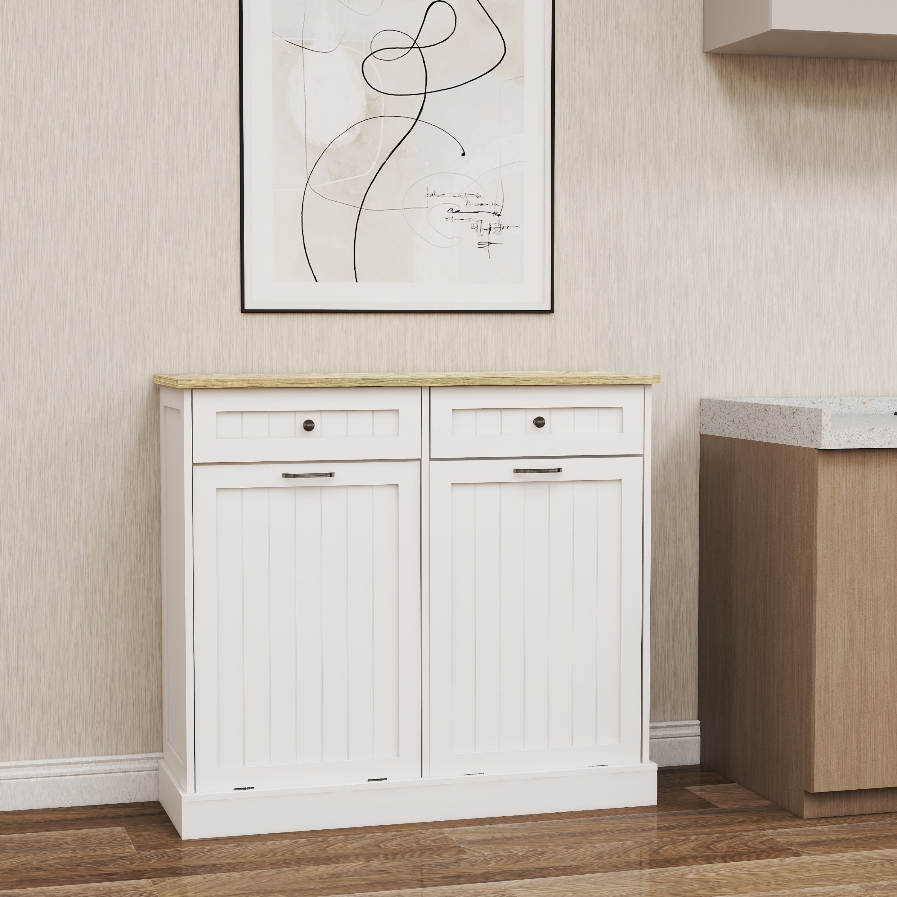 Two Drawers and Two-Compartment Tilt-Out Trash Cabinet Kitchen Trash Cabinet-White - Grand Goldman Shop