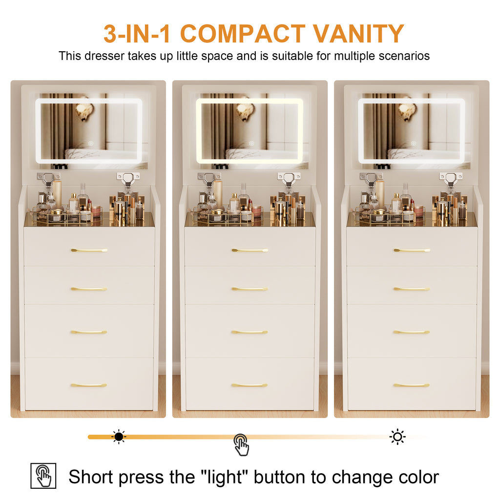 Compact 3 in 1 Vanity Desk with Open Top Mirror, Glass Desktop, White MDF, 50.39' Height - Grand Goldman Shop