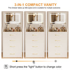 Compact 3 in 1 Vanity Desk with Open Top Mirror, Glass Desktop, White MDF, 50.39' Height - Grand Goldman Shop