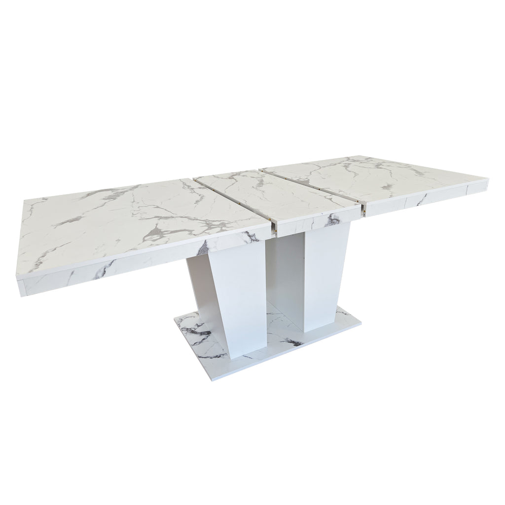 Extendable Dining Room Table for 6-10 Modern White Faux Marble Wooden Expandable Kitchen Table w/Dual Column Pedestal Base, Large Rectangle Dining Table - Grand Goldman Shop
