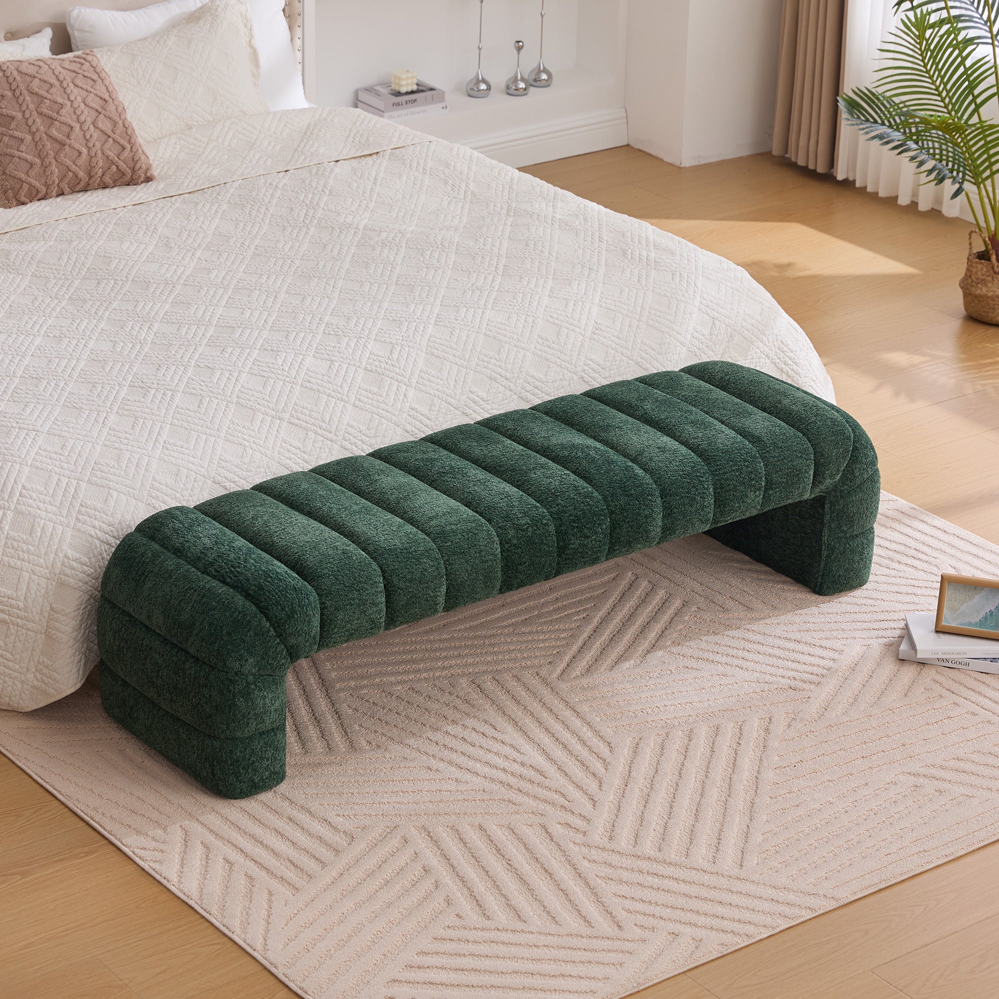 Modern Upholstered Armless Bed Bench with Channel Tufting in Green Chenille, 69.7' Wide - Grand Goldman Shop