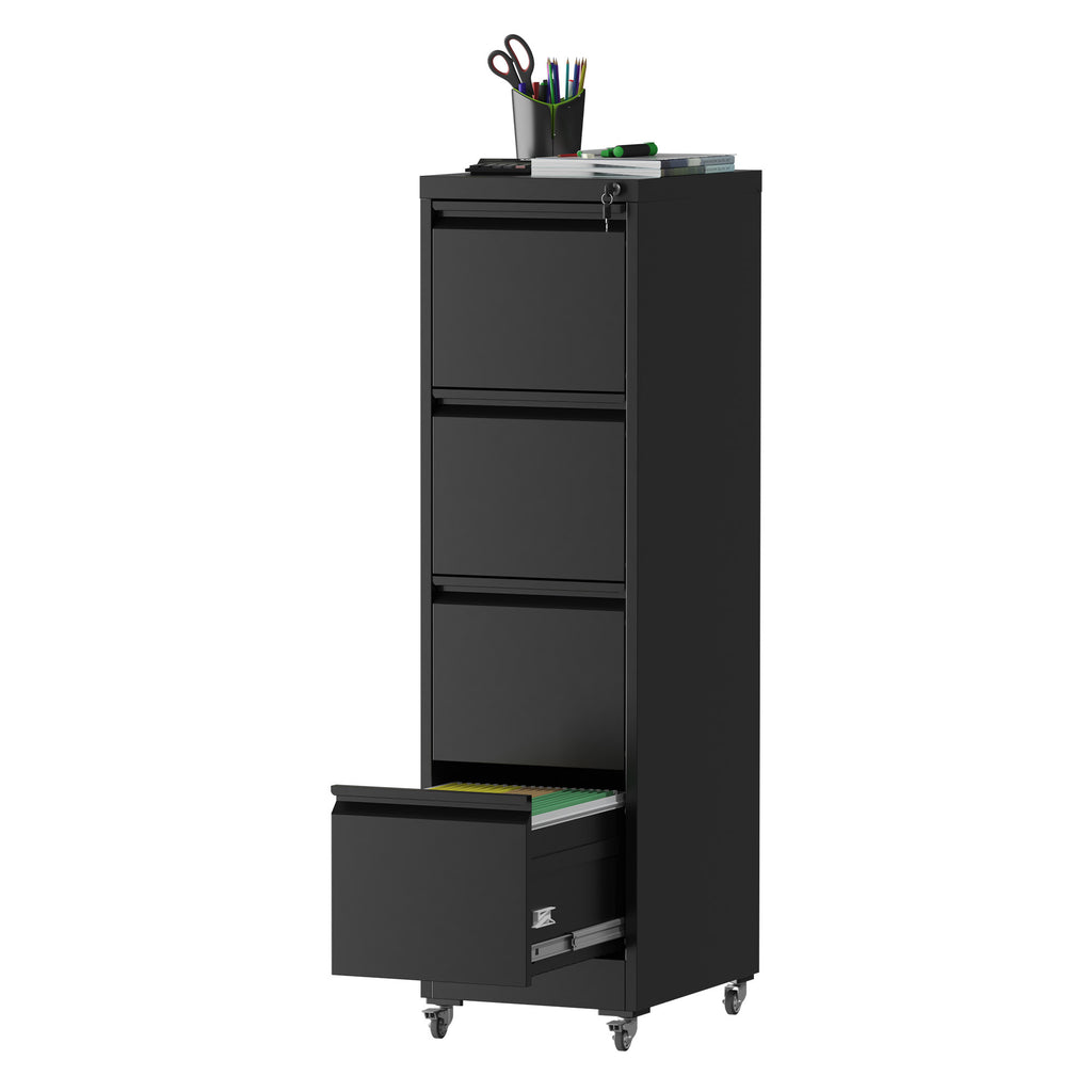 Black Heavy-Duty Metal 4 Drawer Locking Vertical File Cabinet with Wheels for Home & Office, 17.71'D x 15.16'W x 52.28'H - Gr
