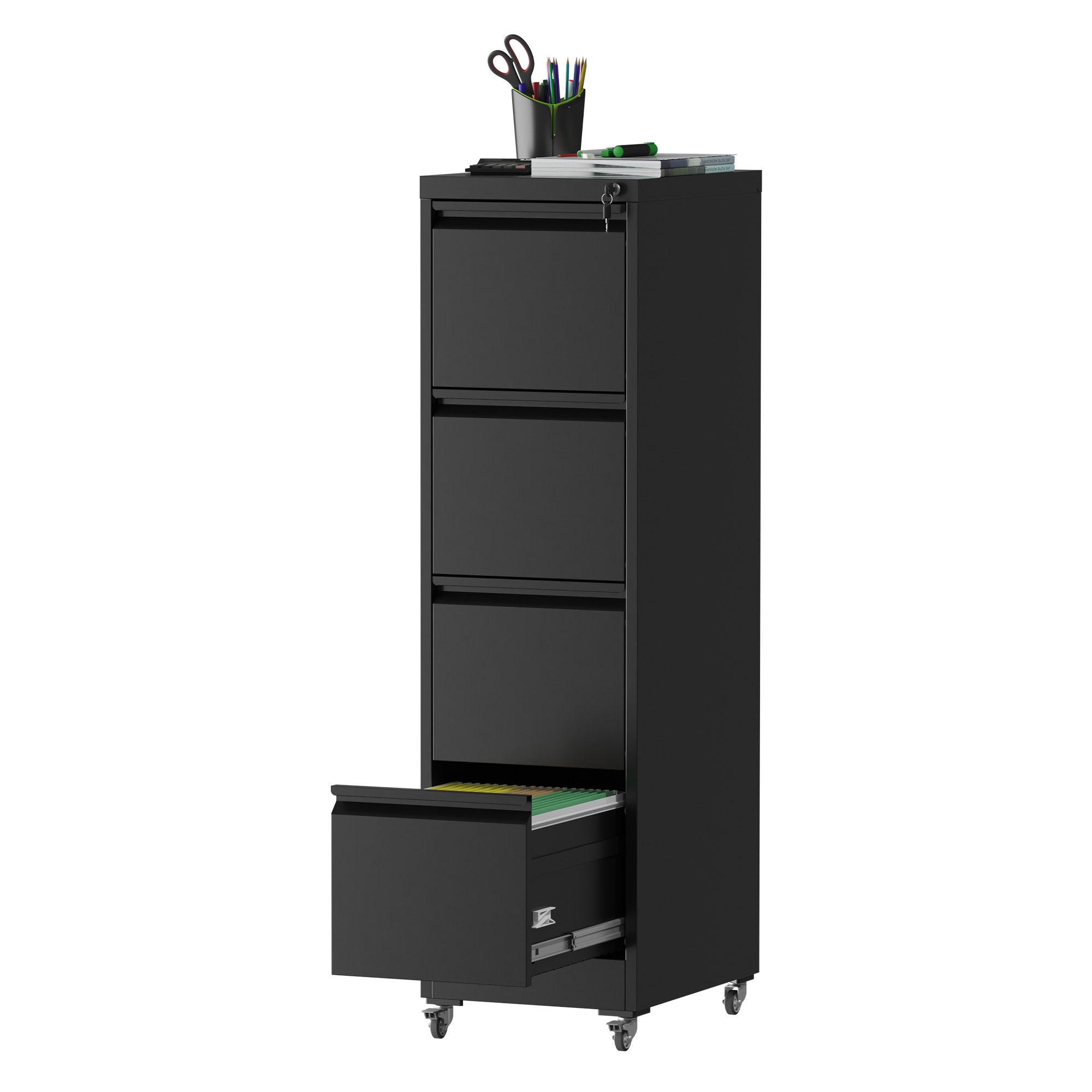 Black Heavy-Duty Metal 4 Drawer Locking Vertical File Cabinet with Wheels for Home & Office, 17.71'D x 15.16'W x 52.28'H - Gr