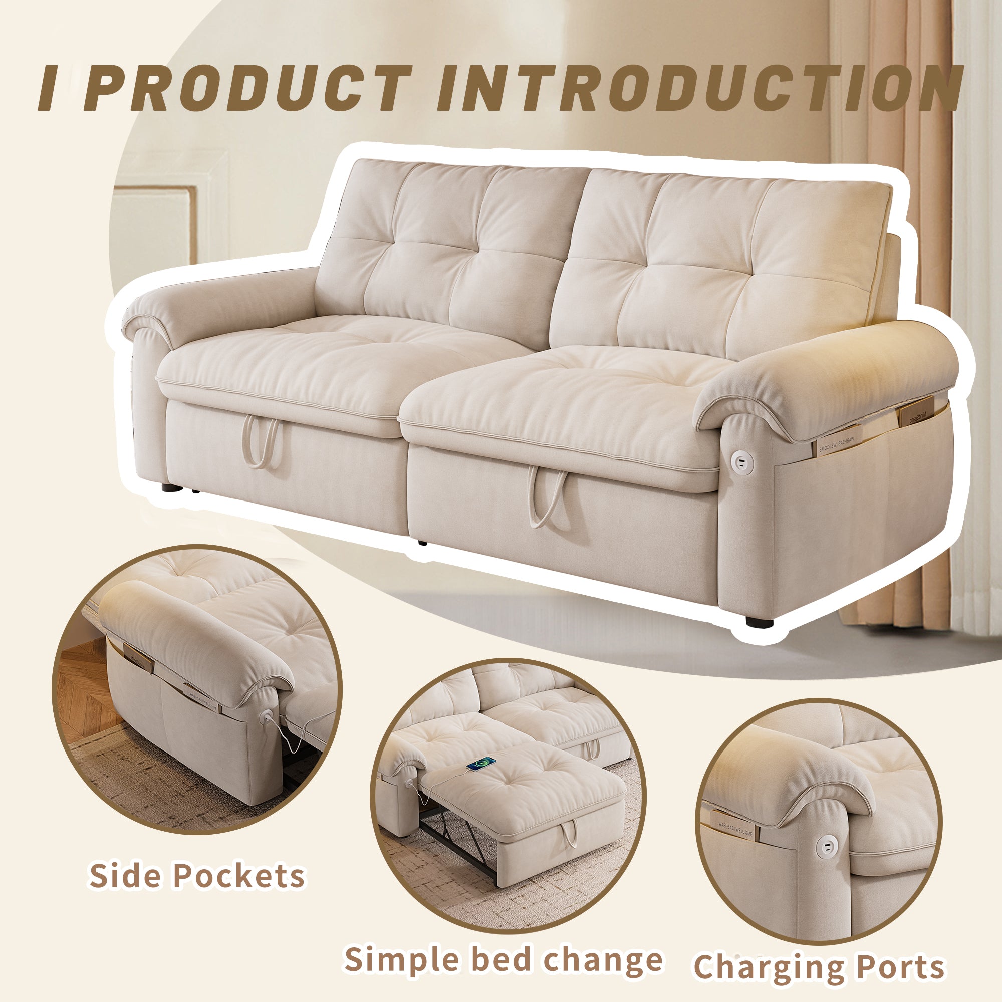 W3820S00024, a 77-inch convertible sofa bed, and a 2-in-1 piece suitable for both sitting and lying. Made of cloud-like fabric, it is applicable to living rooms, bedrooms and apart - Grand Goldman Shop
