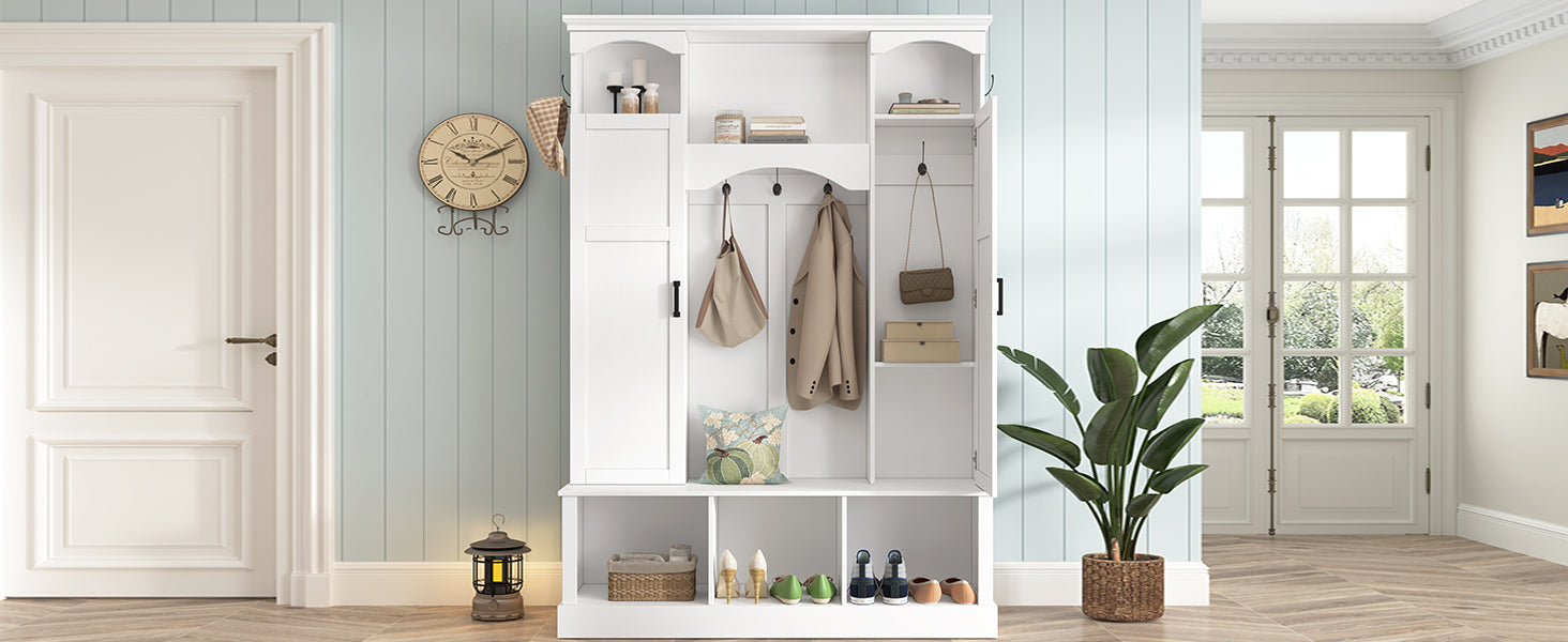 ON-TREND Modern All-in-One Hall Tree with Adjustable Shelves, Classic Arched Farmhouse Storage Bench with Dual Side Cabinets, Elegant Entryway Organizer with 7 Hooks for Mudroom, Hallway, White - Grand Goldman Shop