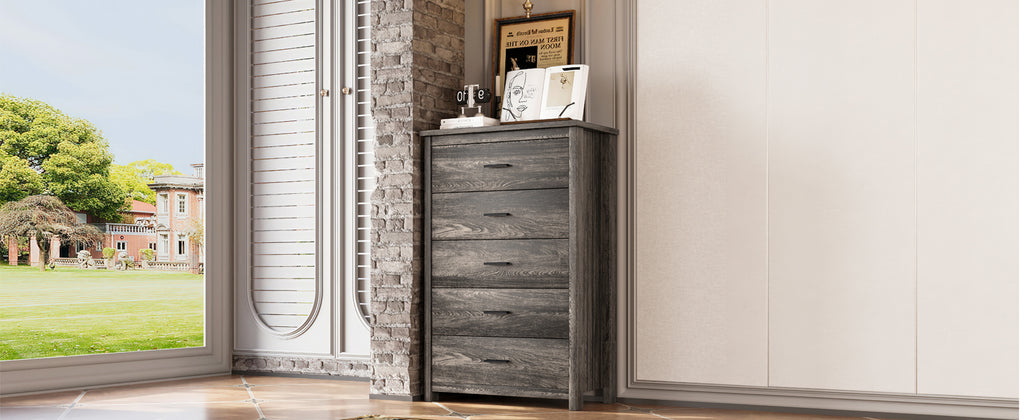 4PCS Bedroom Sets, Wooden Queen Size Bed Frame with Storage Headboard and Charging Station, 2 Nightstands with 2 Drawers, 1 Dresser with 5 Drawers, Antique Gray - Grand Goldman Shop