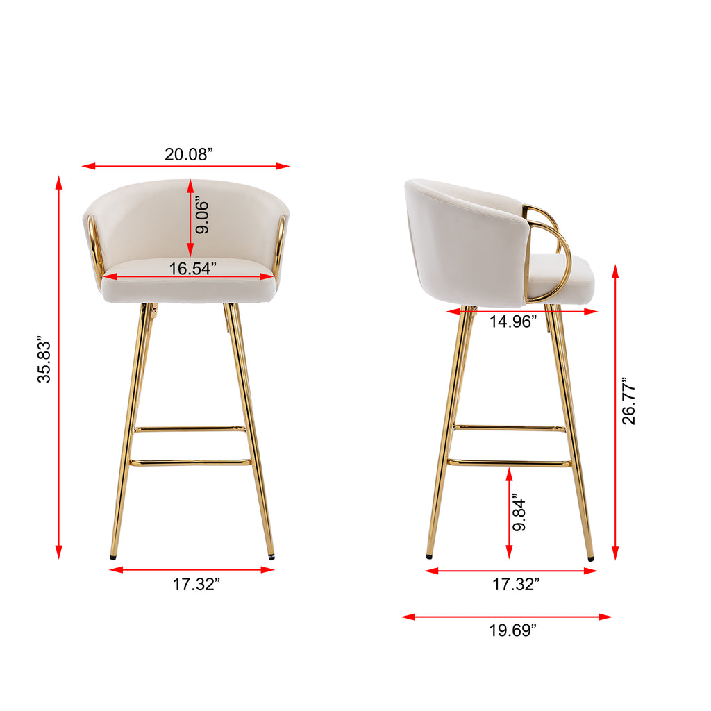 26 Inch Set of 2 Bar Stools,with Chrome Footrest and Base Velvet + Golden Leg Simple Bar Stoo,CREAM - Grand Goldman Shop