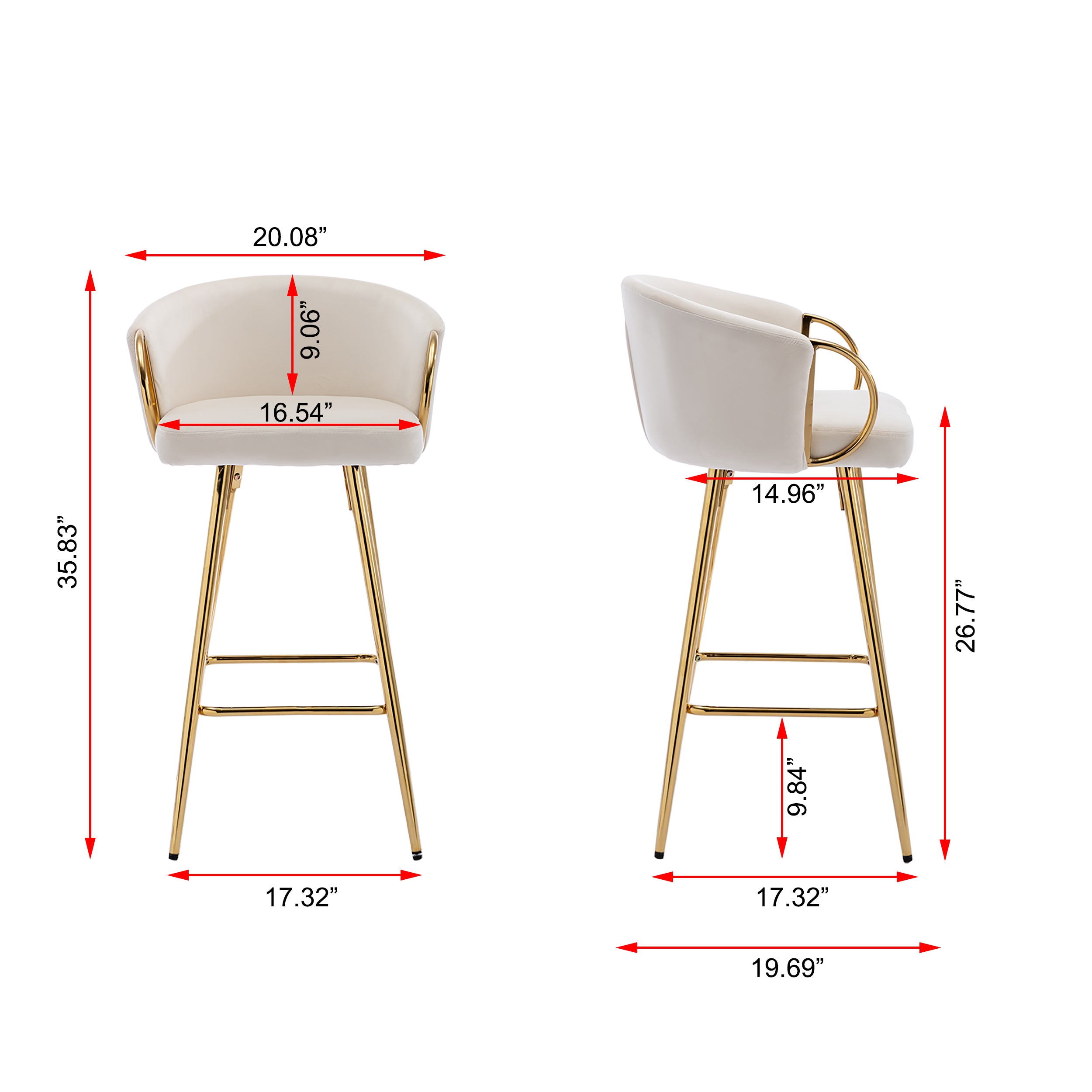 26 Inch Set of 2 Bar Stools,with Chrome Footrest and Base Velvet + Golden Leg Simple Bar Stoo,CREAM - Grand Goldman Shop