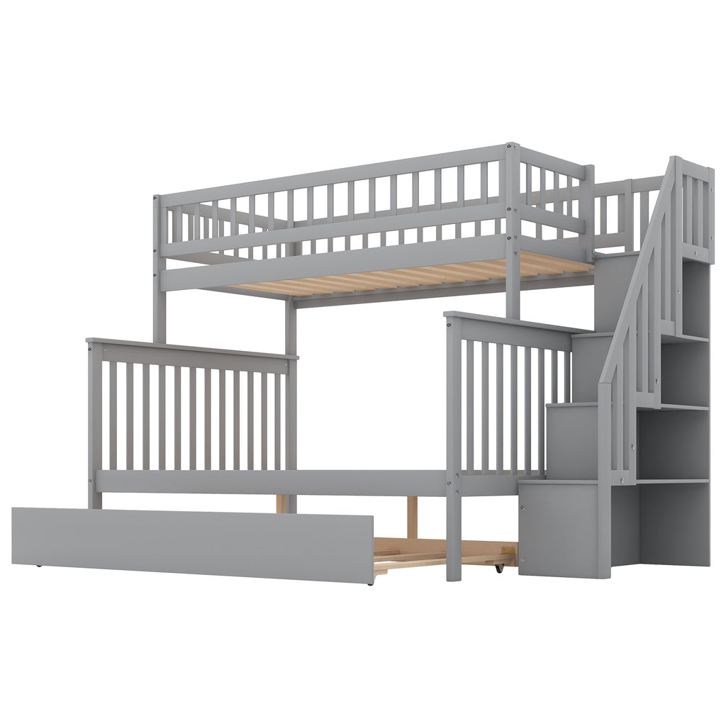 Spacey Twin over Full Bunk Bed with Trundle and Staircase, Grey - Grand Goldman Shop