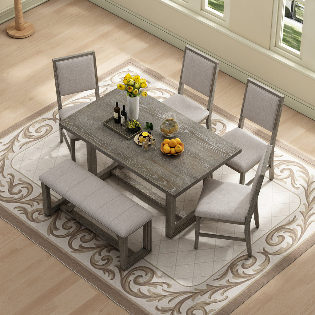 TREXM 6-Piece Retro Dining Table Set for 6, 60' Wood Kitchen Table and Chairs Set of 4 with Bench Designed Trestle Base for kitchen & Dining Room (Gray) - Grand Goldman Shop