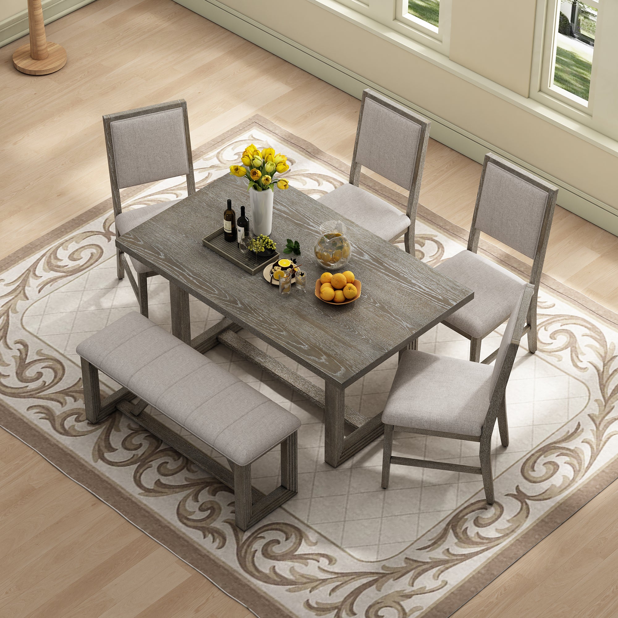 TREXM 6-Piece Retro Dining Table Set for 6, 60' Wood Kitchen Table and Chairs Set of 4 with Bench Designed Trestle Base for kitchen & Dining Room (Gray) - Grand Goldman Shop