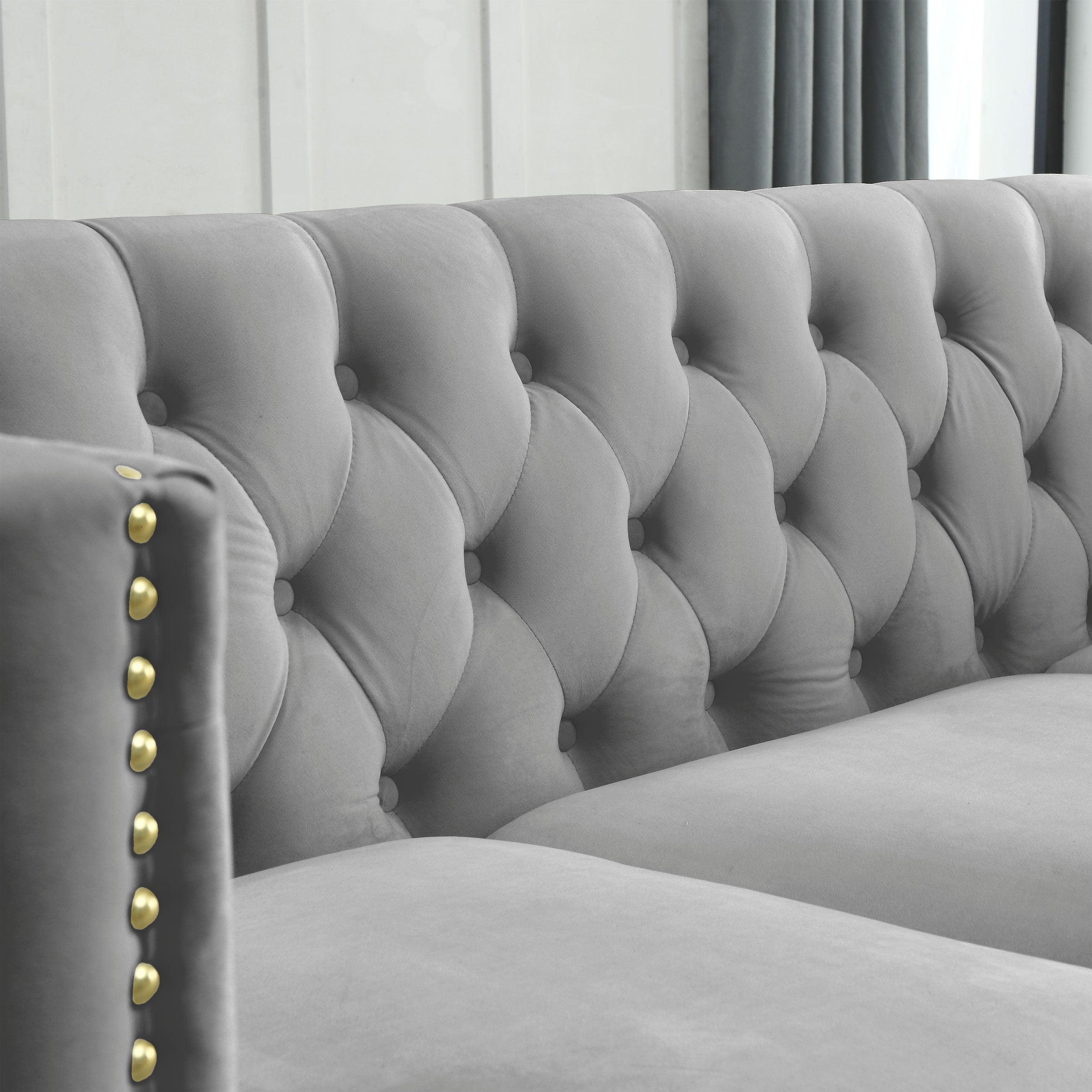 Modern Velvet Sofa with Button Tufting and Metal Legs, Grey Upholstered Couch for Living Room or Bedroom, 3-Seater, Solid Wood Frame, Soft Cotton-Filled Cushions - Grand Goldman Shop