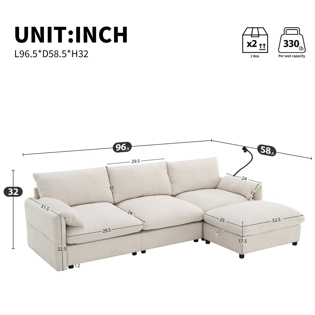 [VIDEO]96.5'' L-Shaped Sectional Sofa with Storage Ottoman and Pockets, Adjustable Phone Holder, USB Charger, Elephant Ear-Shaped Armrests, Comfy Seat for Living Room&Apartment, Chenille, 3 Colors - Grand Goldman Shop