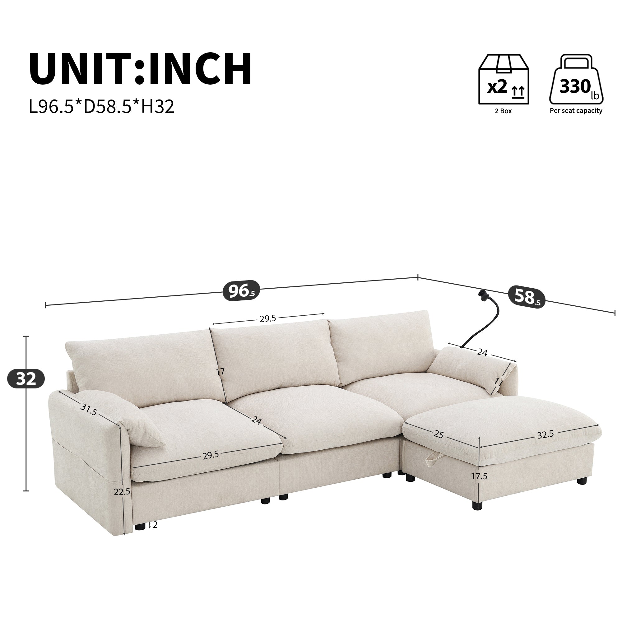 [VIDEO]96.5'' L-Shaped Sectional Sofa with Storage Ottoman and Pockets, Adjustable Phone Holder, USB Charger, Elephant Ear-Shaped Armrests, Comfy Seat for Living Room&Apartment, Chenille, 3 Colors - Grand Goldman Shop