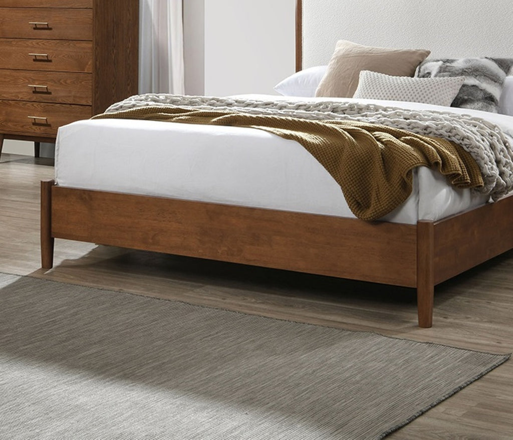Walnut Color 3pc Bedroom Set Eastern King Size Bed 2x Nightstands Beige Upholstered Fabric Panel HB Mid-Century Modern Style - Grand Goldman Shop