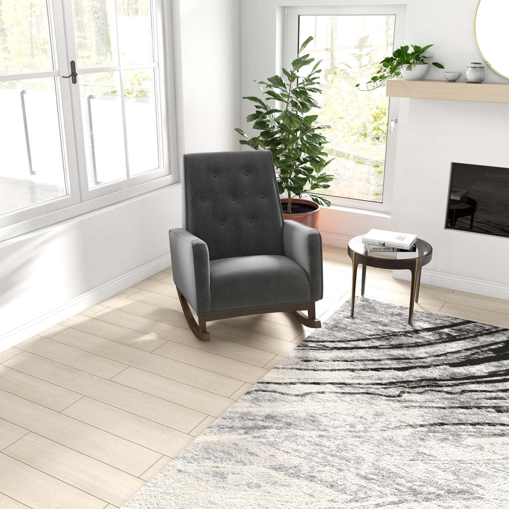 Elegant Style Demetrius Dark Grey Fabric Rocking Chair with Solid Wood Frame for Living Room and Nursery 36.6'H x 27.5'W x 39'D for Living Room Bedroom Reading - Grand Goldman Shop