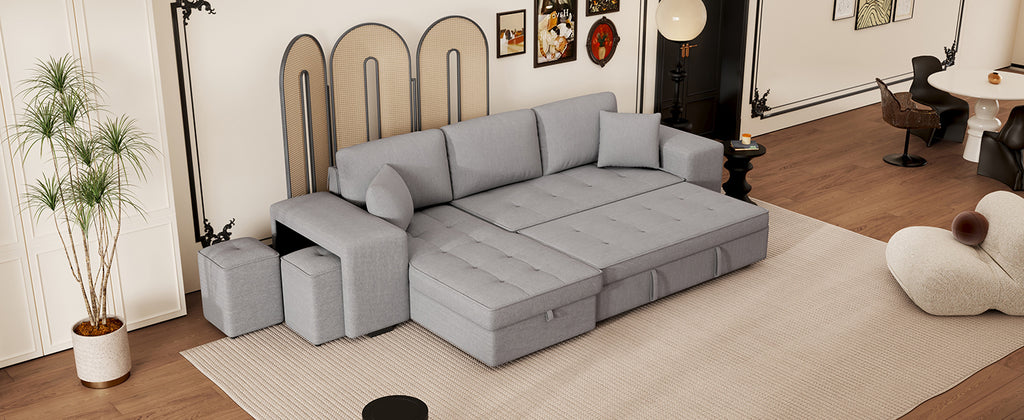 Modern Reversible L-Shape Pull Out Sleeper Sofa with Storage Chaise and Stools, Gray Linen, 104.5' - Grand Goldman Shop