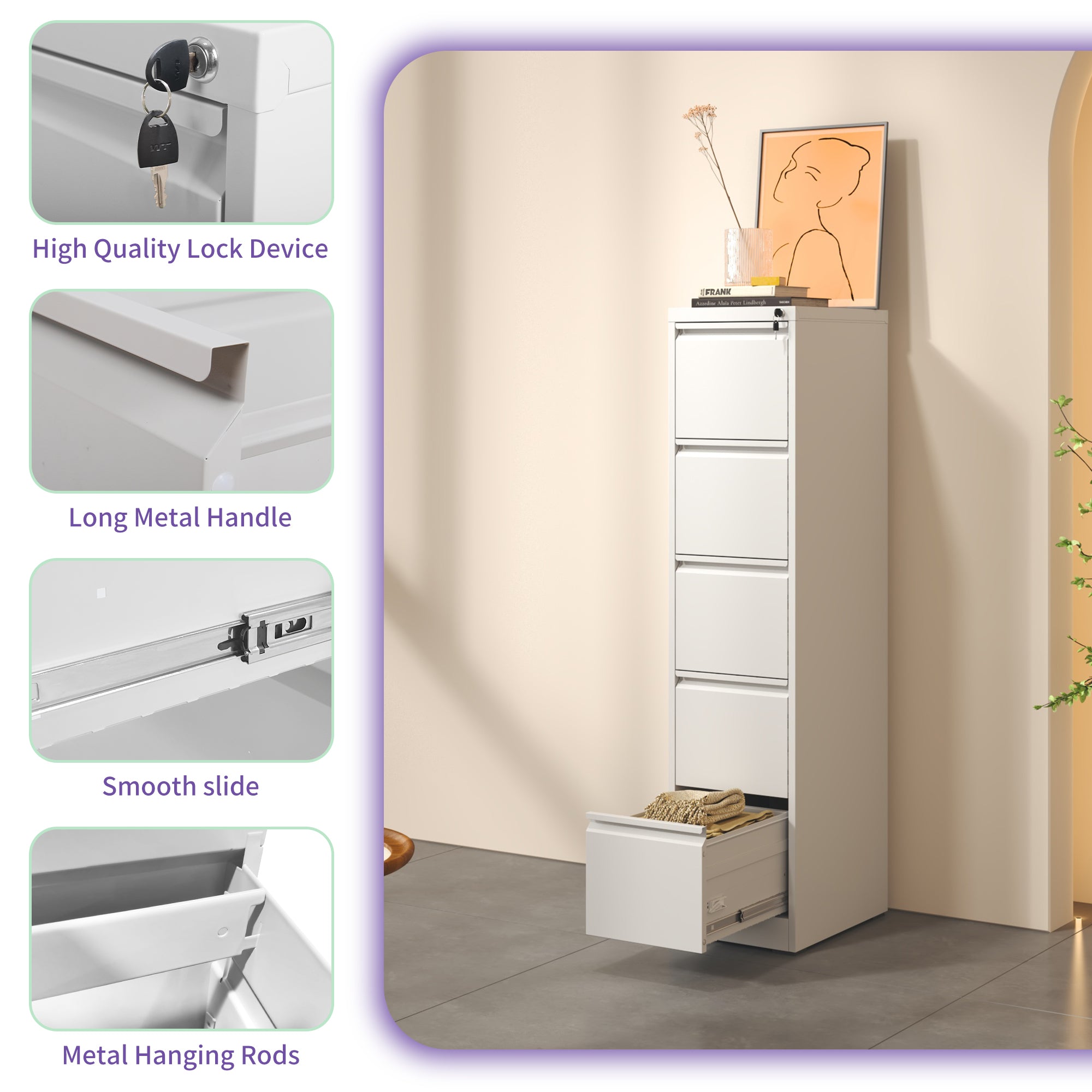 SteelCraft Pro 5 Drawer Metal Vertical File Cabinet with Lock in White for A4 Legal/Letter Size | Premium Home Decor - Grand 