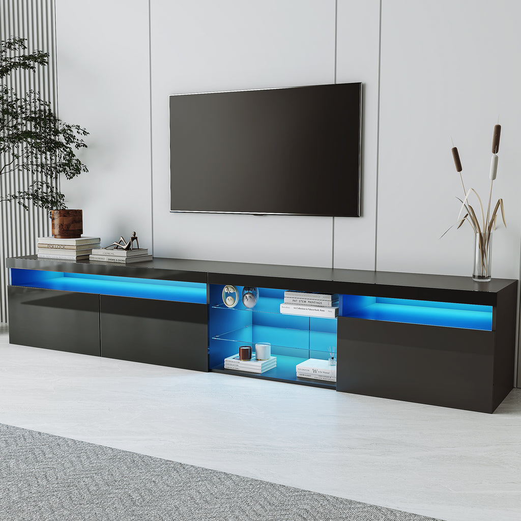 Unique Design TV Stand with 2 Glass Shelves, Ample Storage Space Media Console for TVs Up to 105', Versatile TV Cabinet with LED Color Changing Lights for Living Room, Black (OLD SKU: WF314584AAB) - Grand Goldman Shop