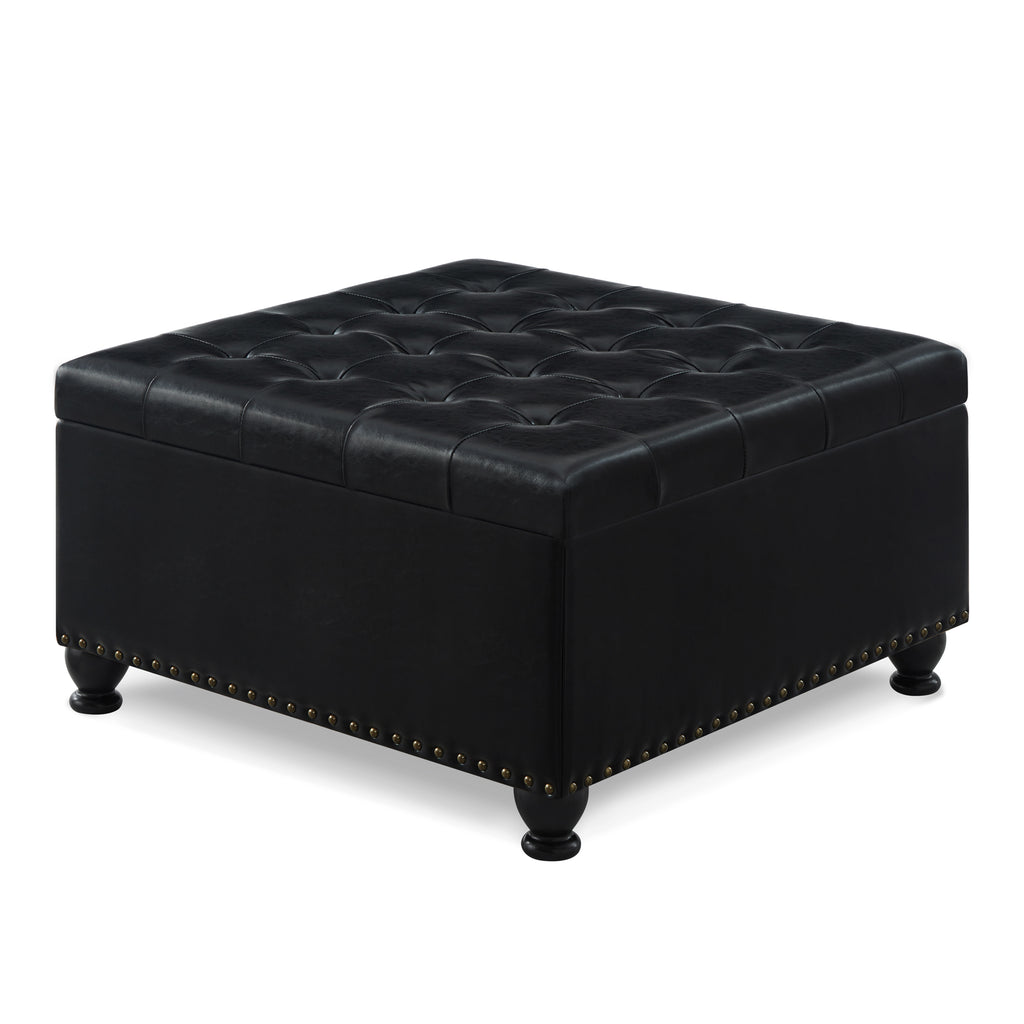 Large square storage ottoman with wooden legs, Upholstered button tufted coffee table with nail trims for Living Space, Black - Grand Goldman Shop