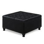 Large square storage ottoman with wooden legs, Upholstered button tufted coffee table with nail trims for Living Space, Black - Grand Goldman Shop