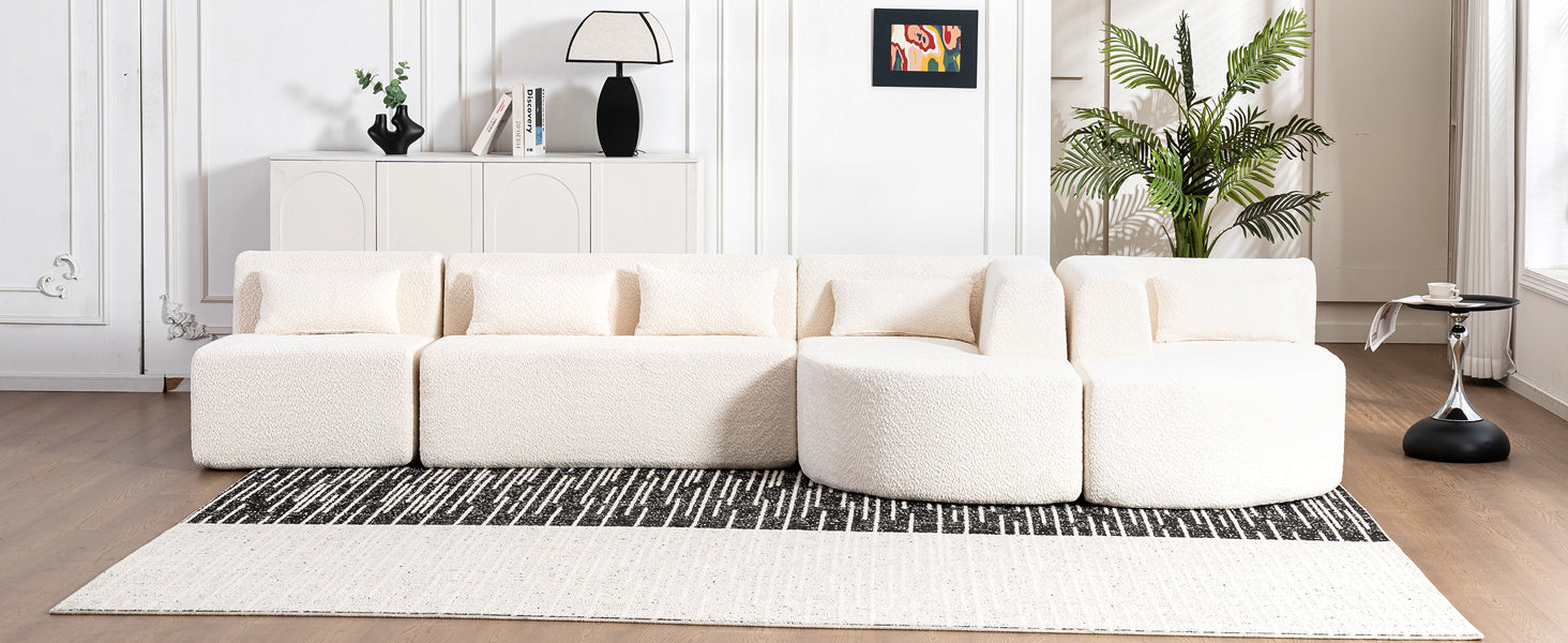 Modern Upholstered L-Shape Sofa with Chaise Lounge and Back Pillows, Beige Boucle Fabric, 144 inches - Grand Goldman Shop