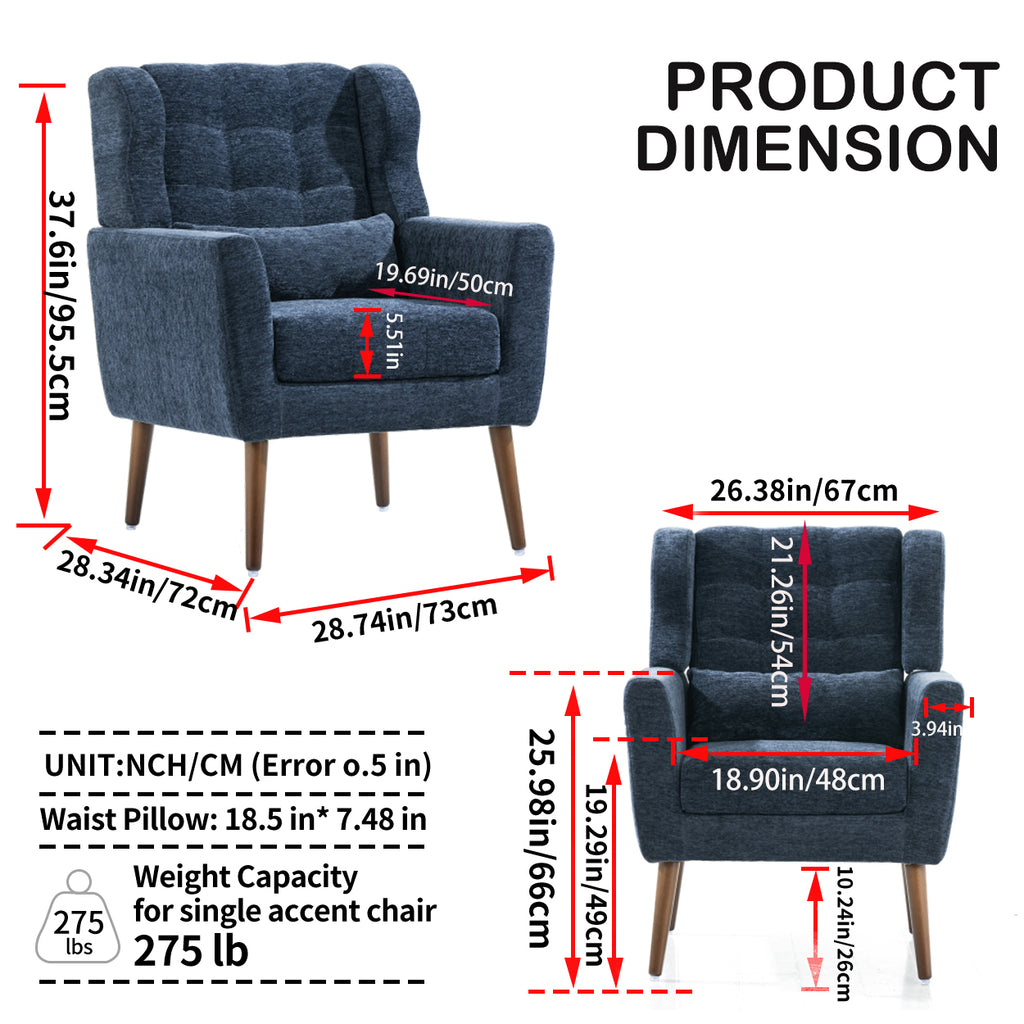 Modern Accent Chair,Chenille Arm Chairs for Living Room,Upholstered Mordern Armchair,Comfy Soft Padded Lounge Chair in Small Space, Bedroom, w/Pillow, Solid Wood Leg (Dark Blue) - Grand Goldman Shop