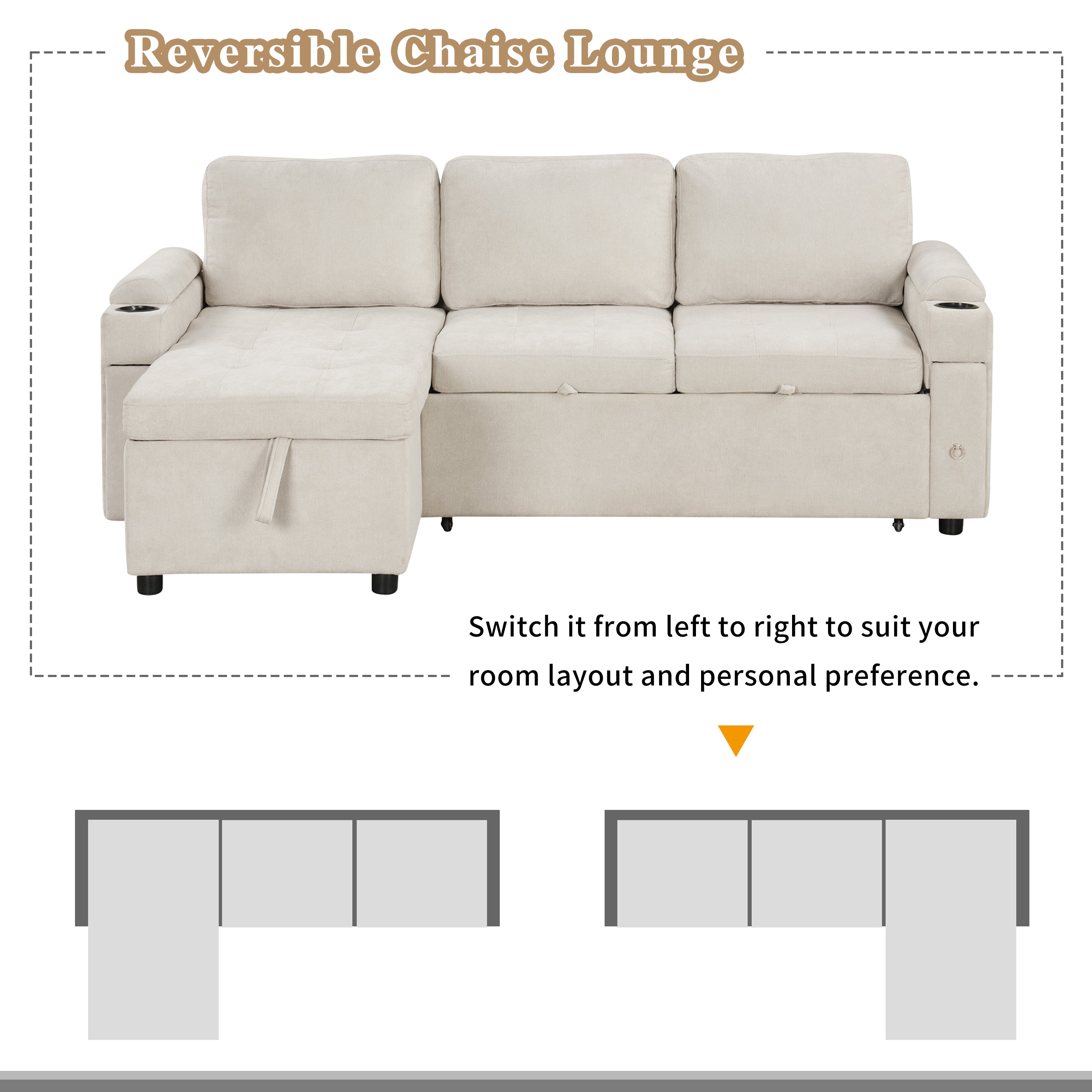 Convertible L-shaped Beige Sofa Couch with Storage, Cup Holders, USB Ports, Chenille Fabric - Grand Goldman Shop