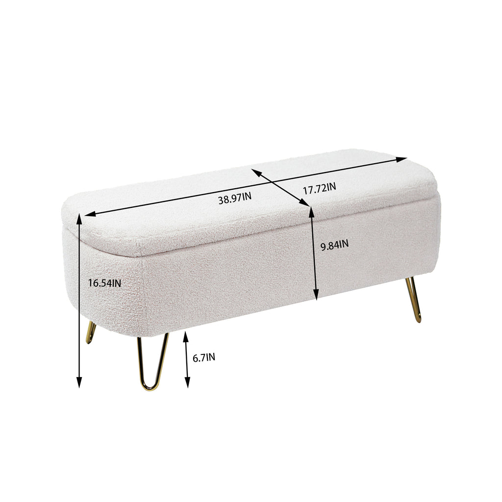 Ivory White Storage Ottoman Bench for End of Bed Gold Legs, Modern Ivory White Faux Fur Entryway Bench Upholstered Padded with Storage for Living Room Bedroom - Grand Goldman Shop