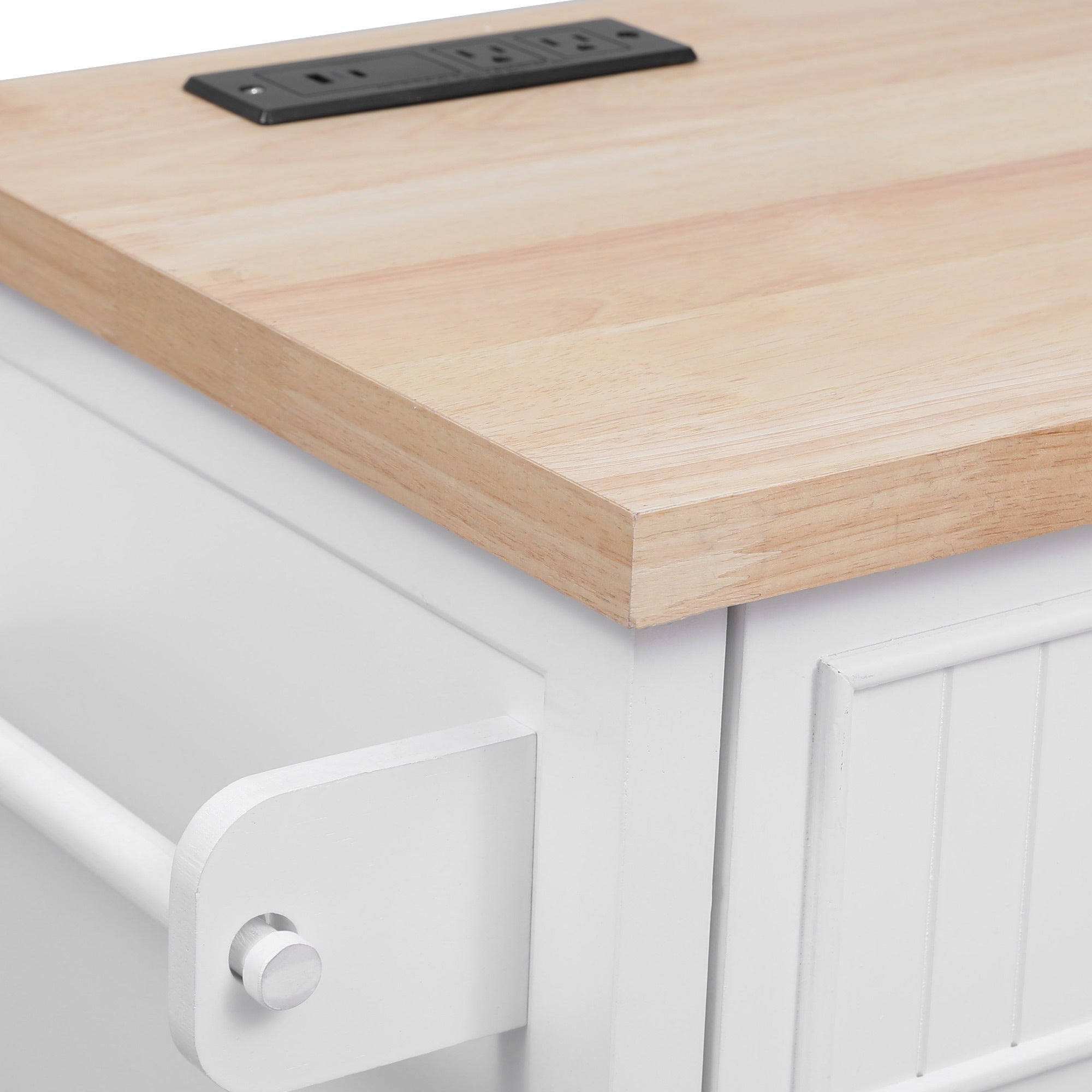 K&K 56.5'' Kitchen Island with Drop Leaf, Power Outlet, Embossed Vertical Stripe Rolling Kitchen Cart on Wheels with 4 Doors , 5 Deep Drawers and Adjustable Shelves, for Kitchen, Dining Room, White - Grand Goldman Shop