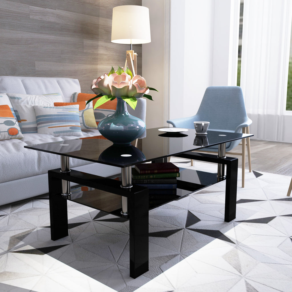 Rectangle Black Glass Coffee Table, Clear Coffee Table,Modern Side Center Tables for Living Room,Living Room Furniture (Old Sku:W24138125) - Grand Goldman Shop