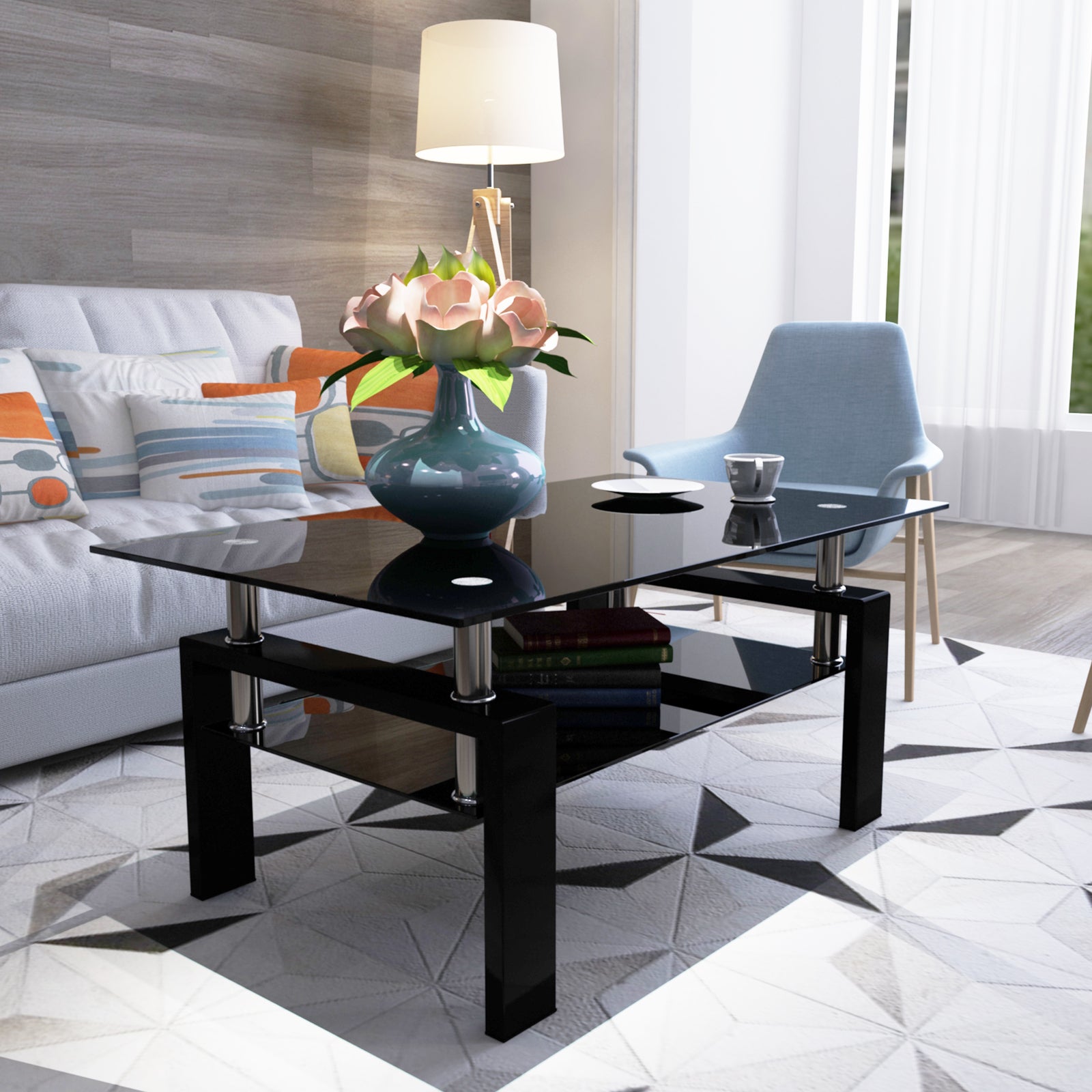Rectangle Black Glass Coffee Table, Clear Coffee Table,Modern Side Center Tables for Living Room,Living Room Furniture (Old Sku:W24138125) - Grand Goldman Shop