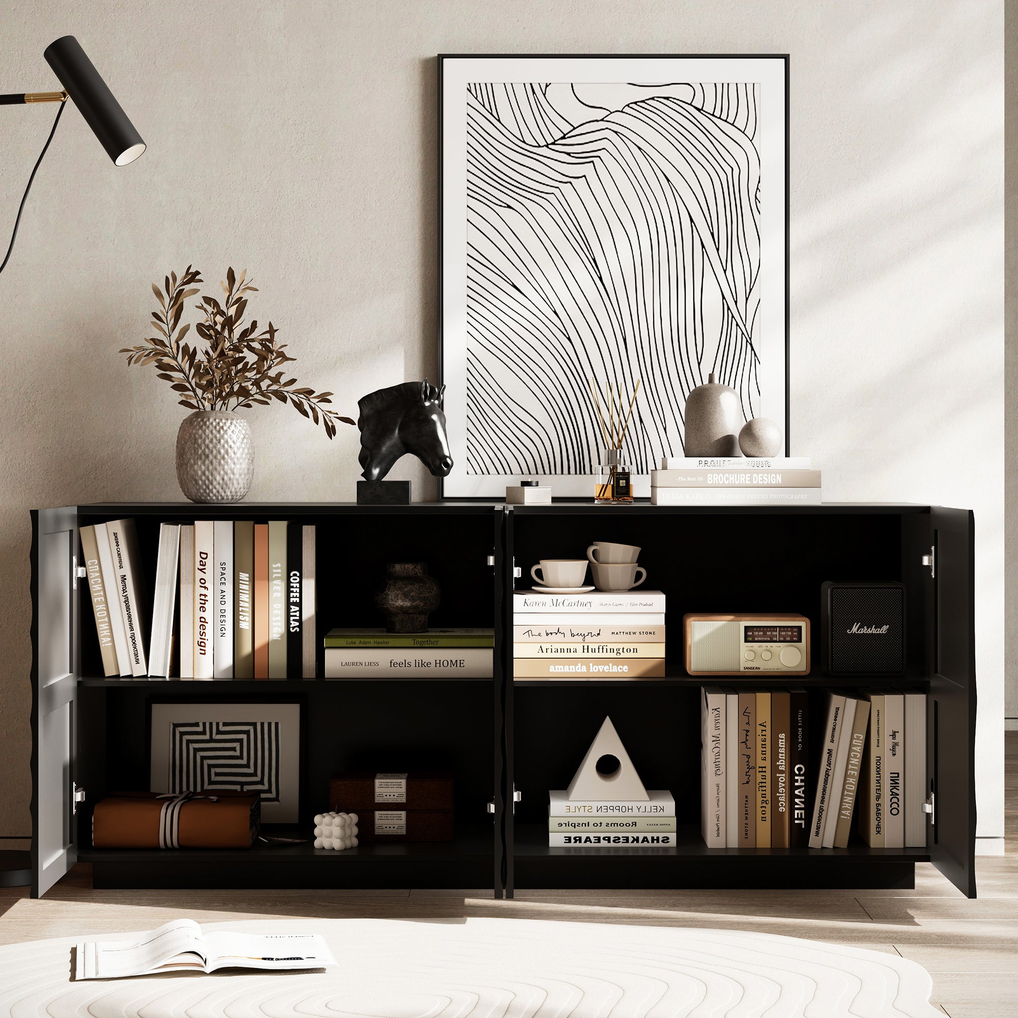 Buffet Cabinet with Storage ,4 Doors Modern Accent Storage Sideboard,Luxurious Floor Cabinet Buffet with Freestanding Anti Dumping for Kitchen, Living Room, 59' Wide Rectangular Sideboard (Black) - Grand Goldman Shop