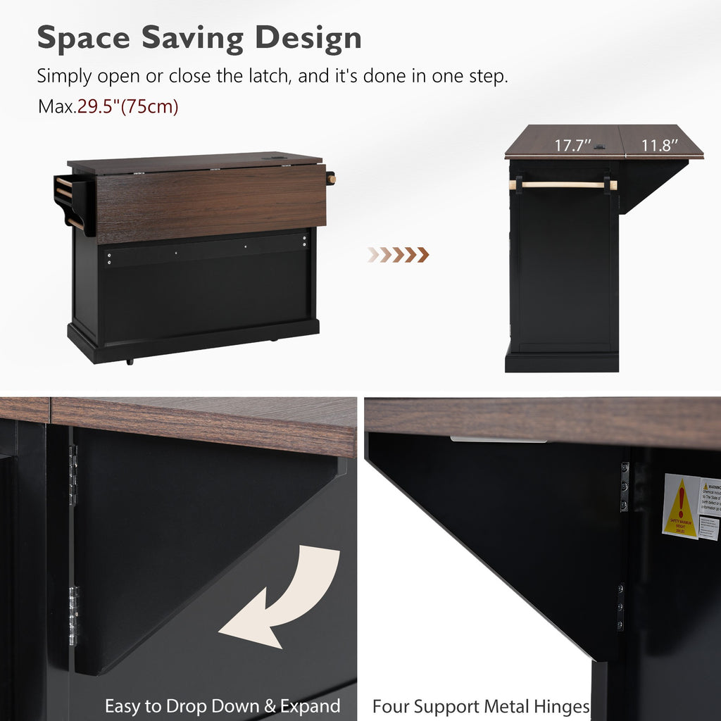 K&K 54.9' Kitchen Island with Drop Leaf, Power Outlet, Kitchen Storage Cart with 4 Door Shelves, Cross Barn Doors & Visual Glass Door, Rolling Kitchen Island on 4 Wheels for Kitchen, Dining Room,Black - Grand Goldman Shop