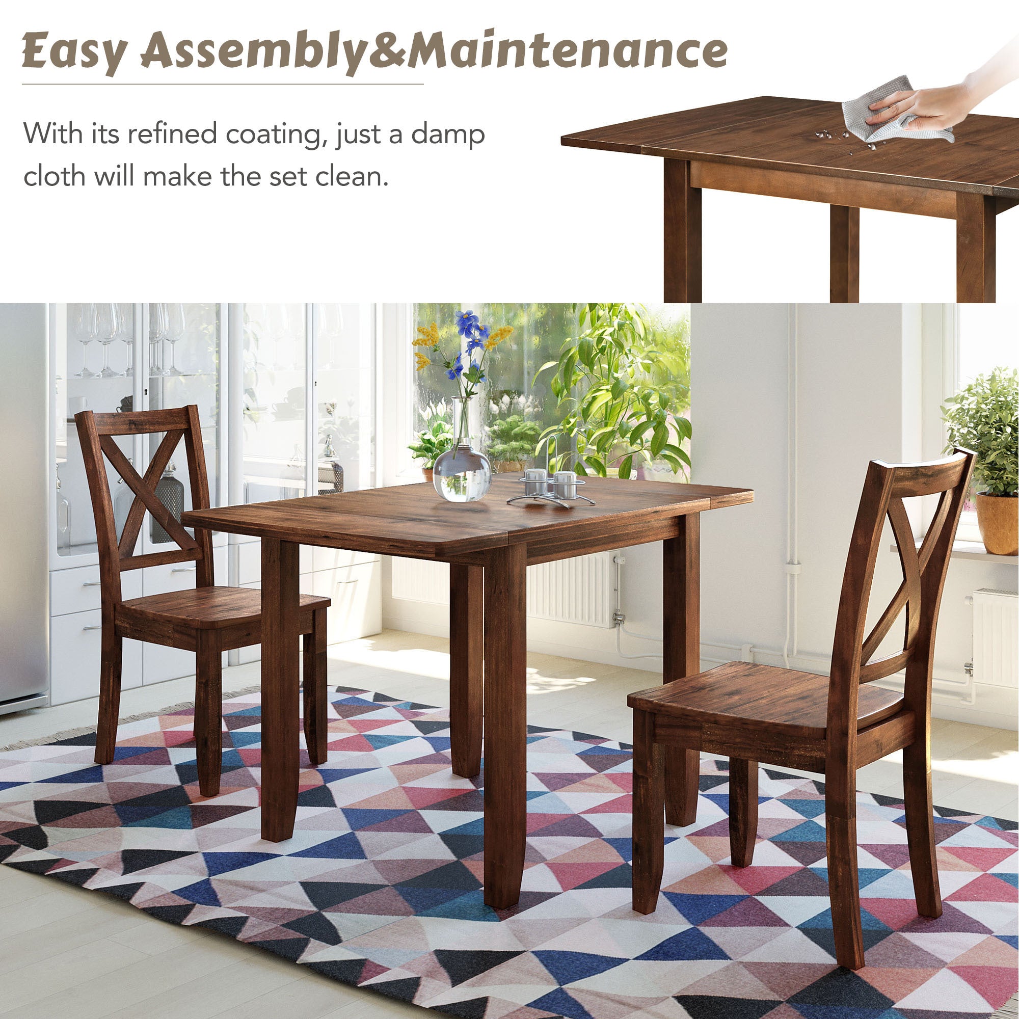 TOPMAX 3-Piece Wood Drop Leaf Breakfast Nook Dining Table Set with 2 X-back Chairs for Small Places, Walnut(old sku:SP0000164AAD) - Grand Goldman Shop