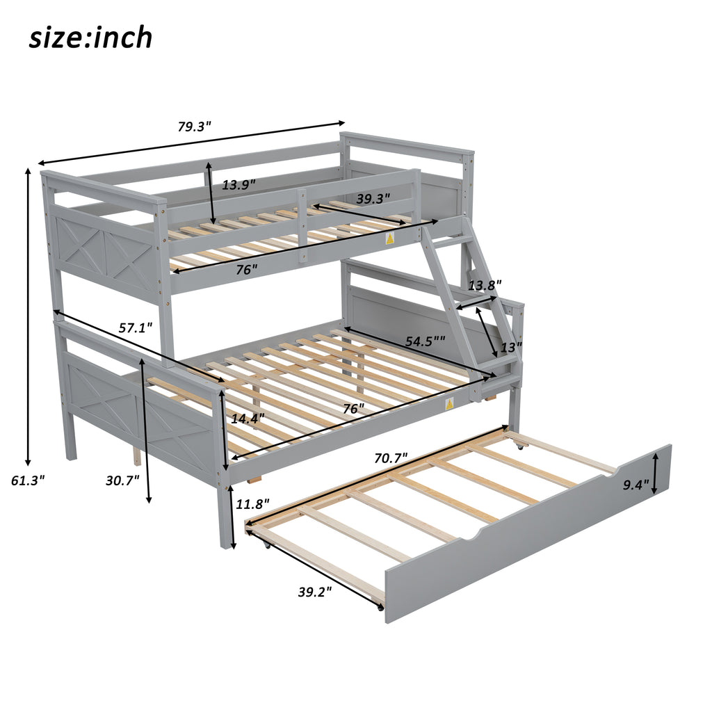 Gray Twin Over Full Bunk Bed with Ladder and Twin Trundle, Pine Wood Frame, 79.3''L x 57.1''W x 61.3''H - Grand Goldman Shop