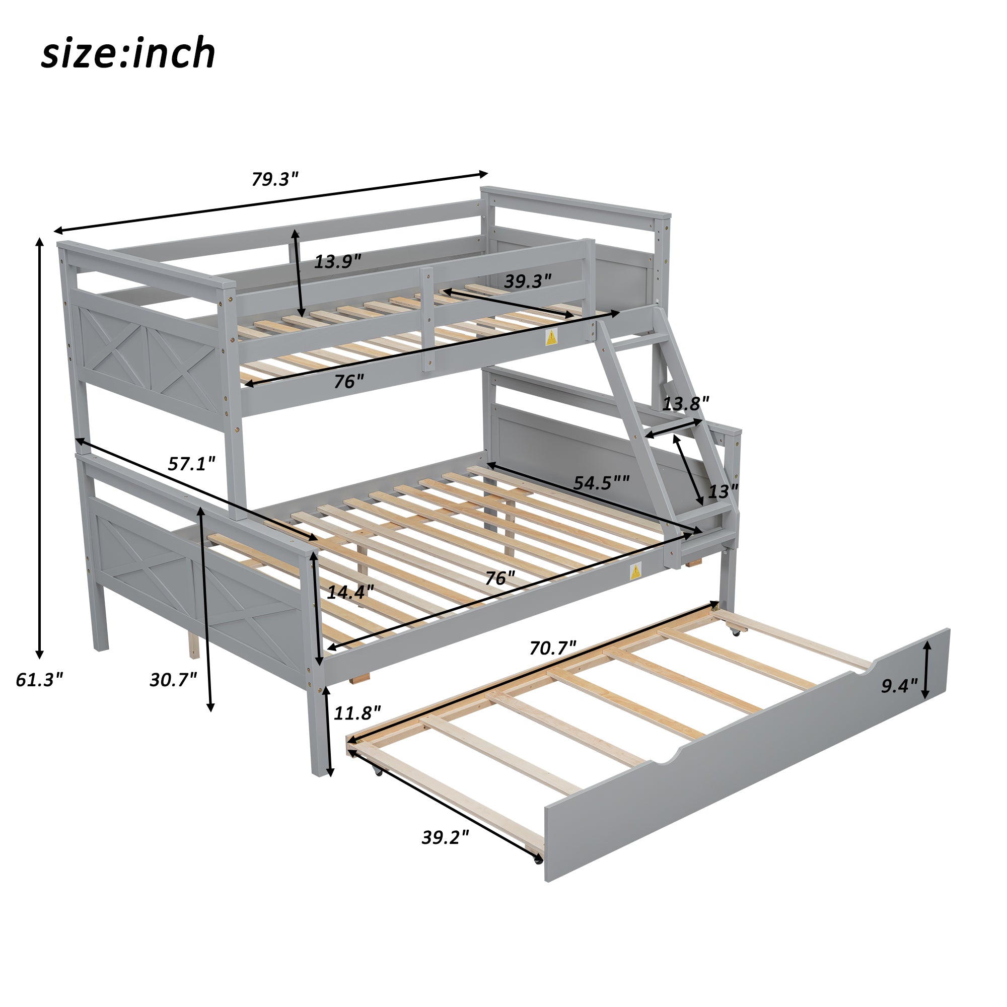 Gray Twin Over Full Bunk Bed with Ladder and Twin Trundle, Pine Wood Frame, 79.3''L x 57.1''W x 61.3''H - Grand Goldman Shop