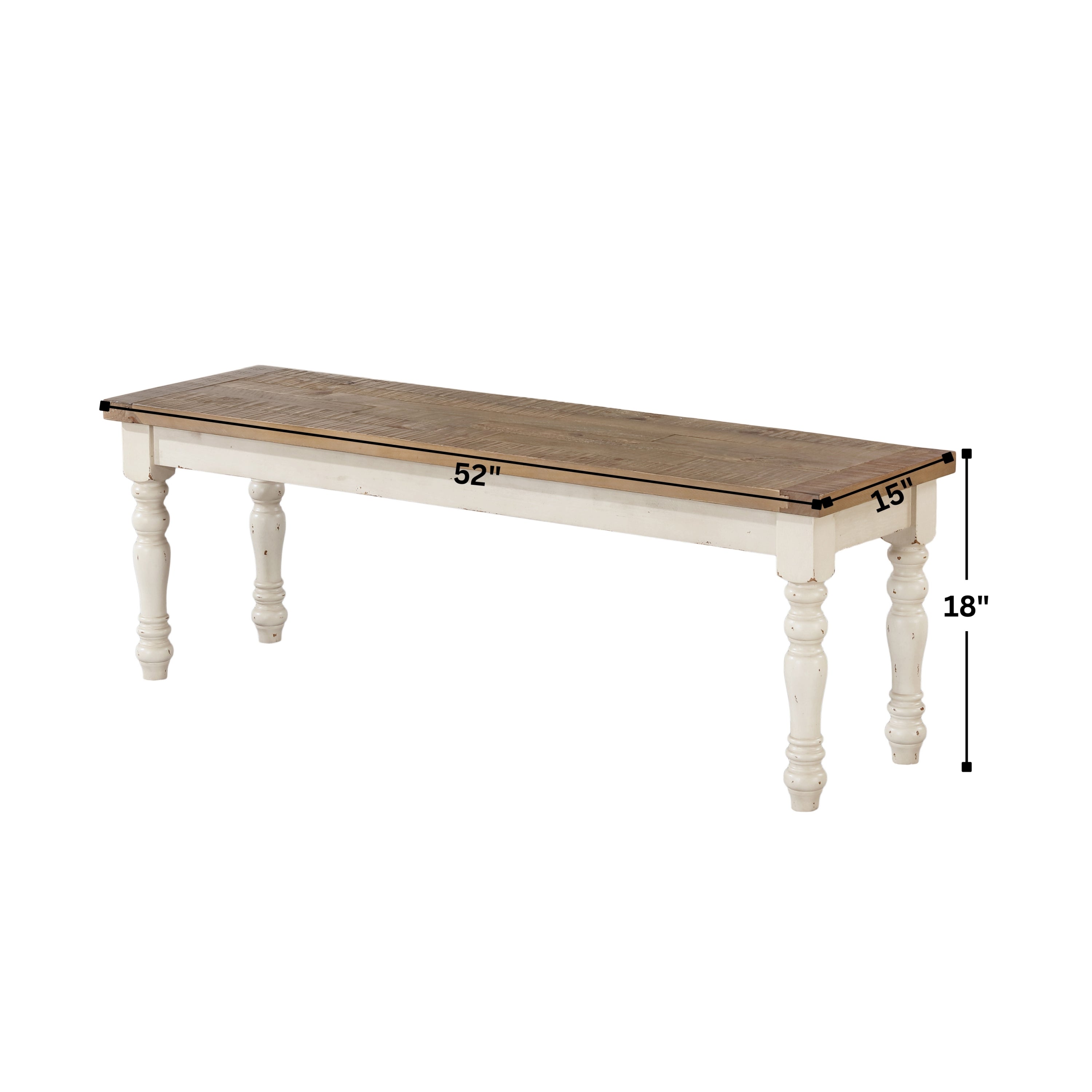 Prato Two-Tone Wood Upholstered Dining Bench, Antique White and Distressed Oak - Grand Goldman Shop