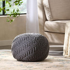 Hazel Modern Knitted Cotton Yarn Round Pouf with Eco-Friendly PET Fibers, Dark Grey, 20 x 20 inches - Grand Goldman Shop
